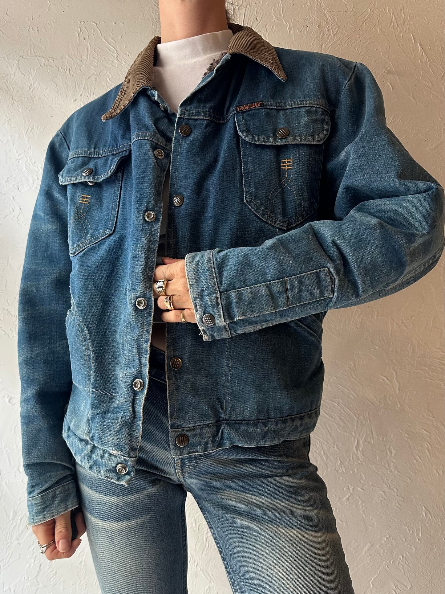 80s 'Three Bears' Faux Shearling Lined Demin Jacket / Medium