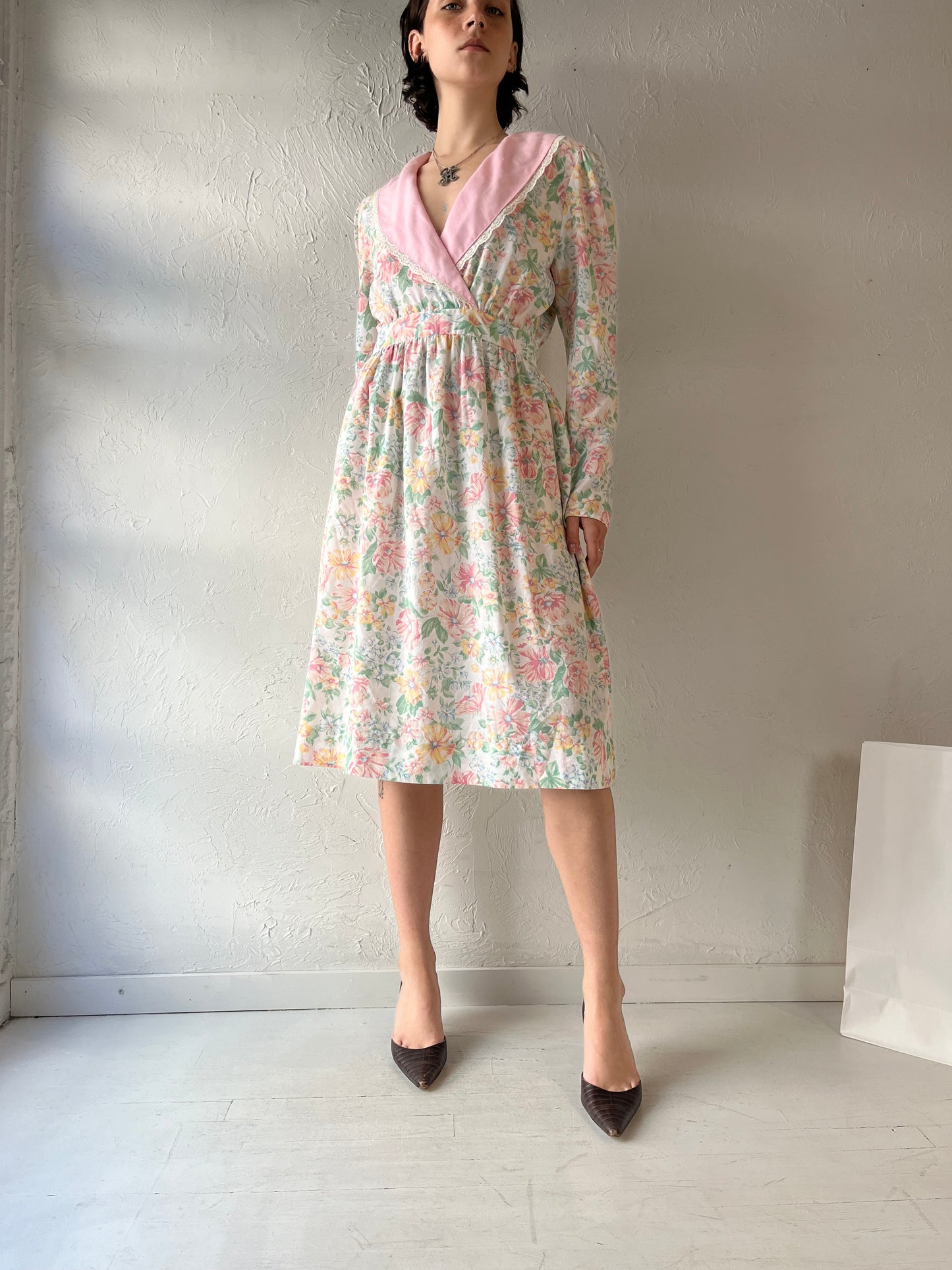 Vintage Handmade Long Sleeve Floral Midi Dress / Medium