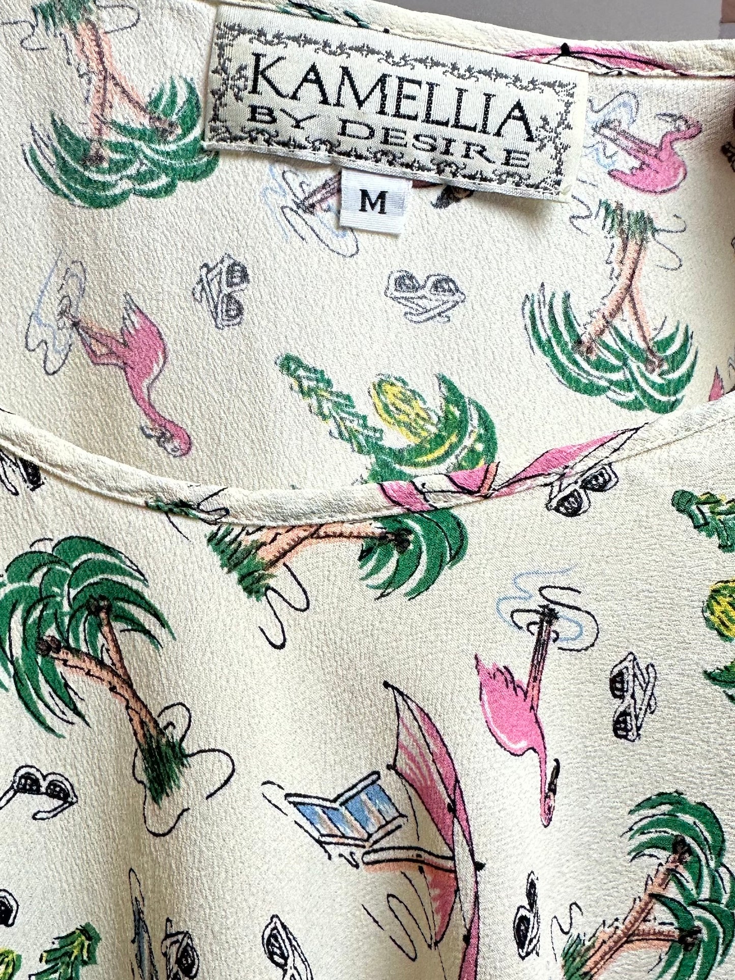 90s 'Kamellia' Flamingo Print Dress / Medium