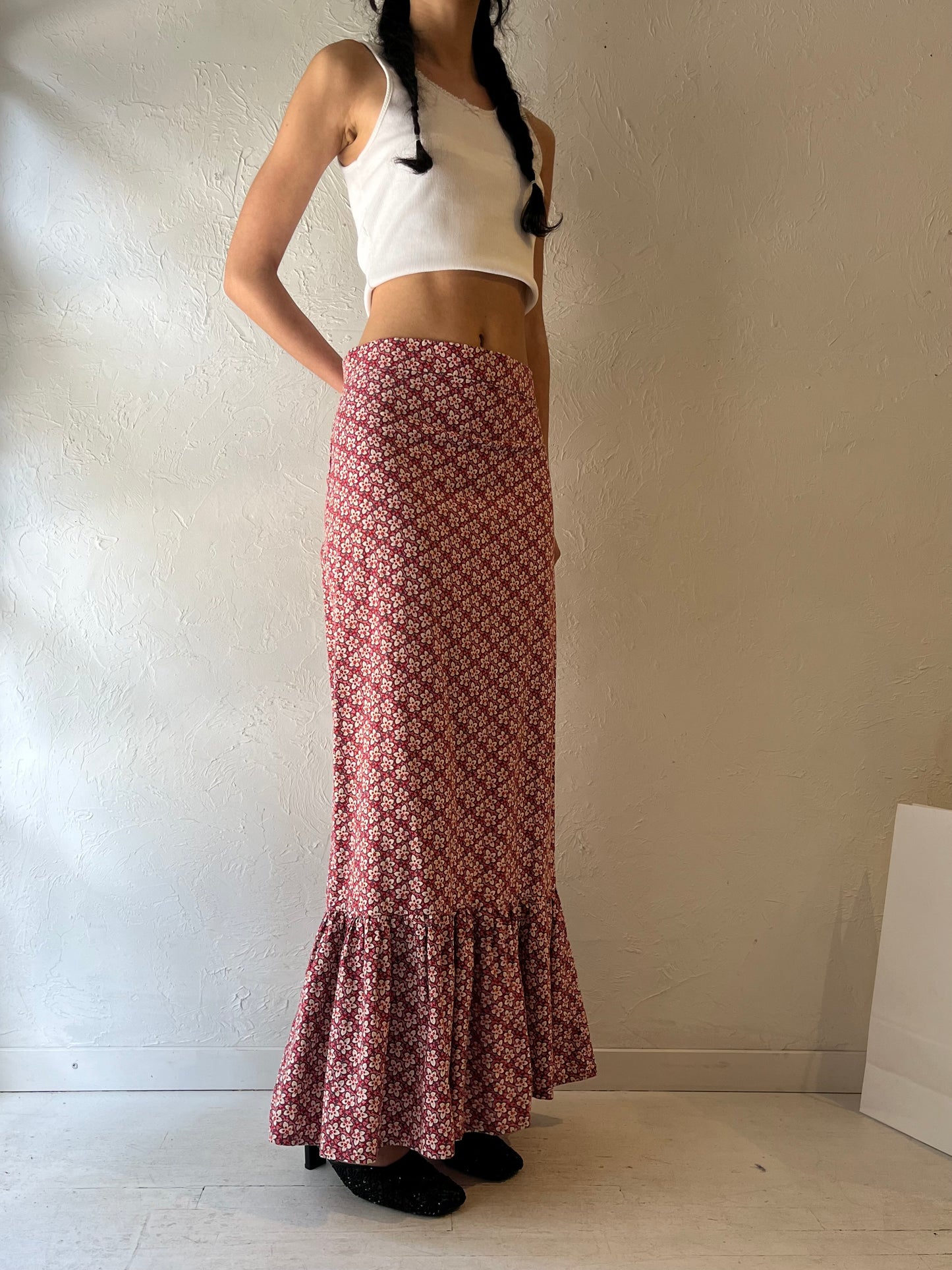 Vintage Handmade Red Floral Print Maxi Skirt / Medium