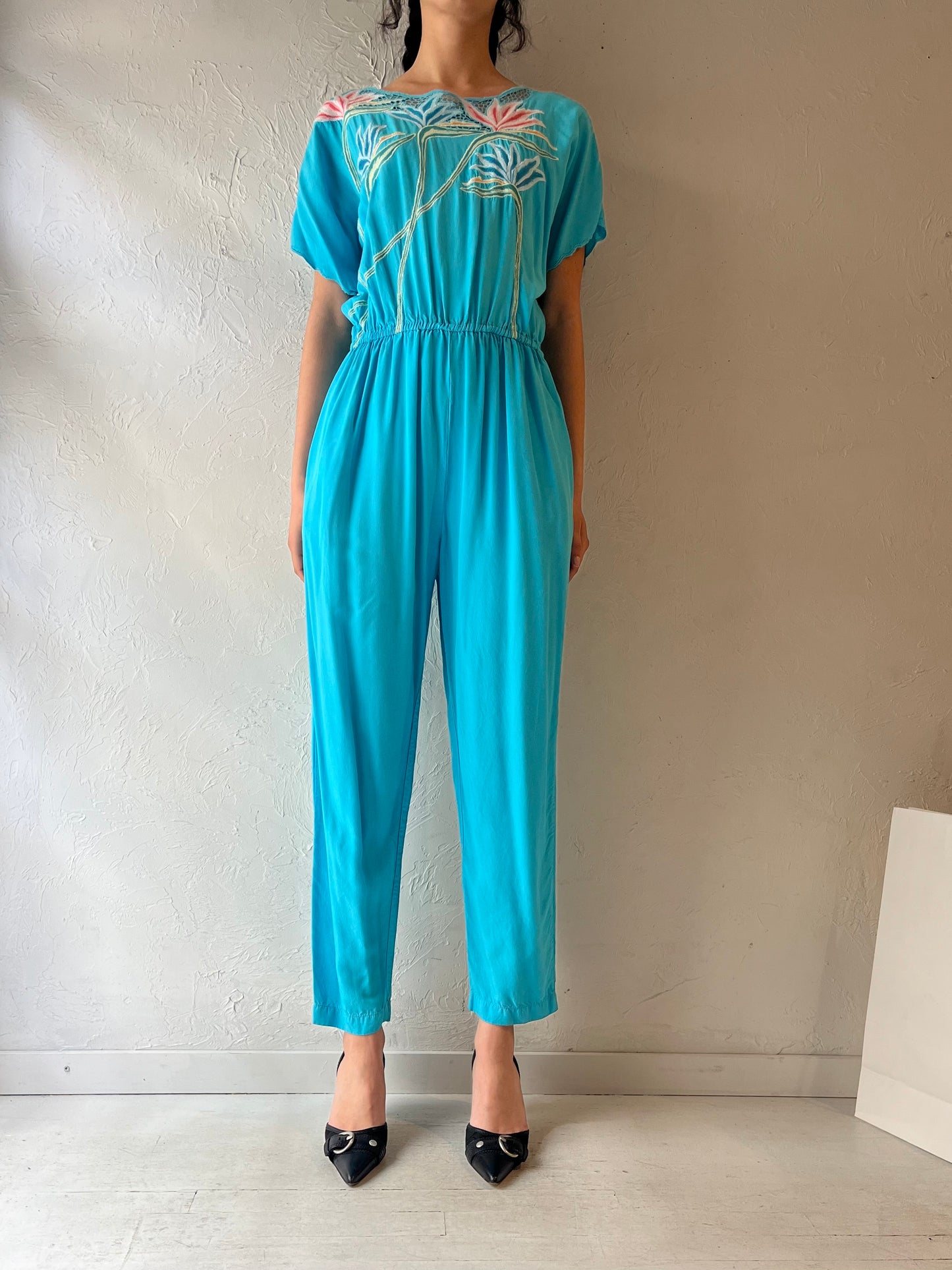 70s ‘Hibis’ Blue Crochet Jumpsuit / Small