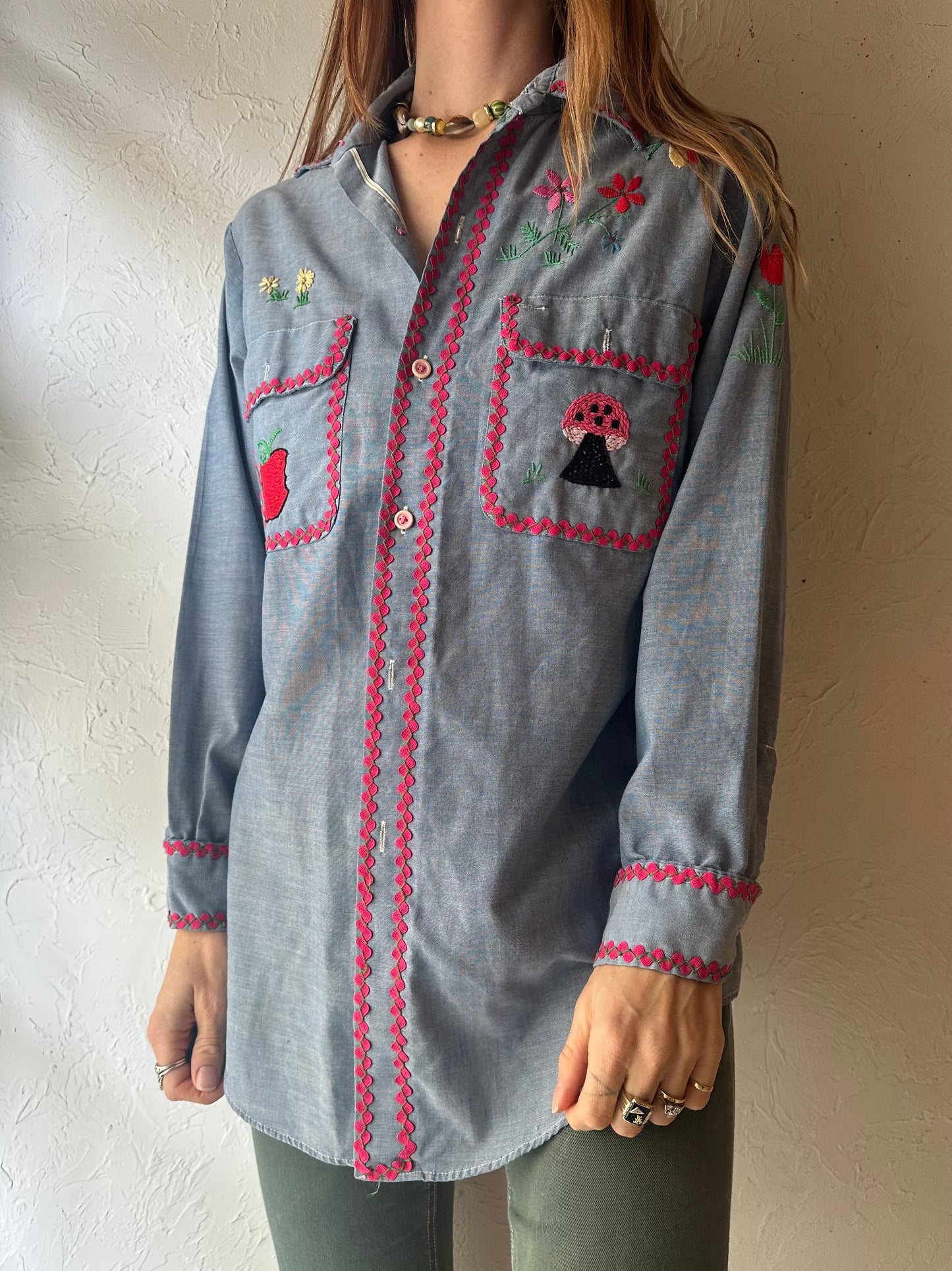 70s 'Big Mac' Embroidered Button Up Shirt / Large
