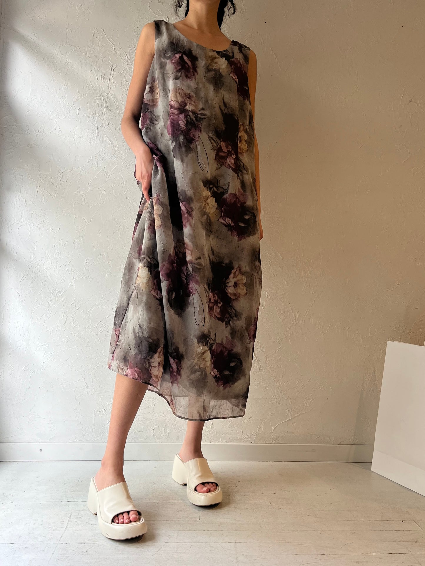 90s ‘SL Fashions’ Green Crinkle Floral Maxi Dress / Large