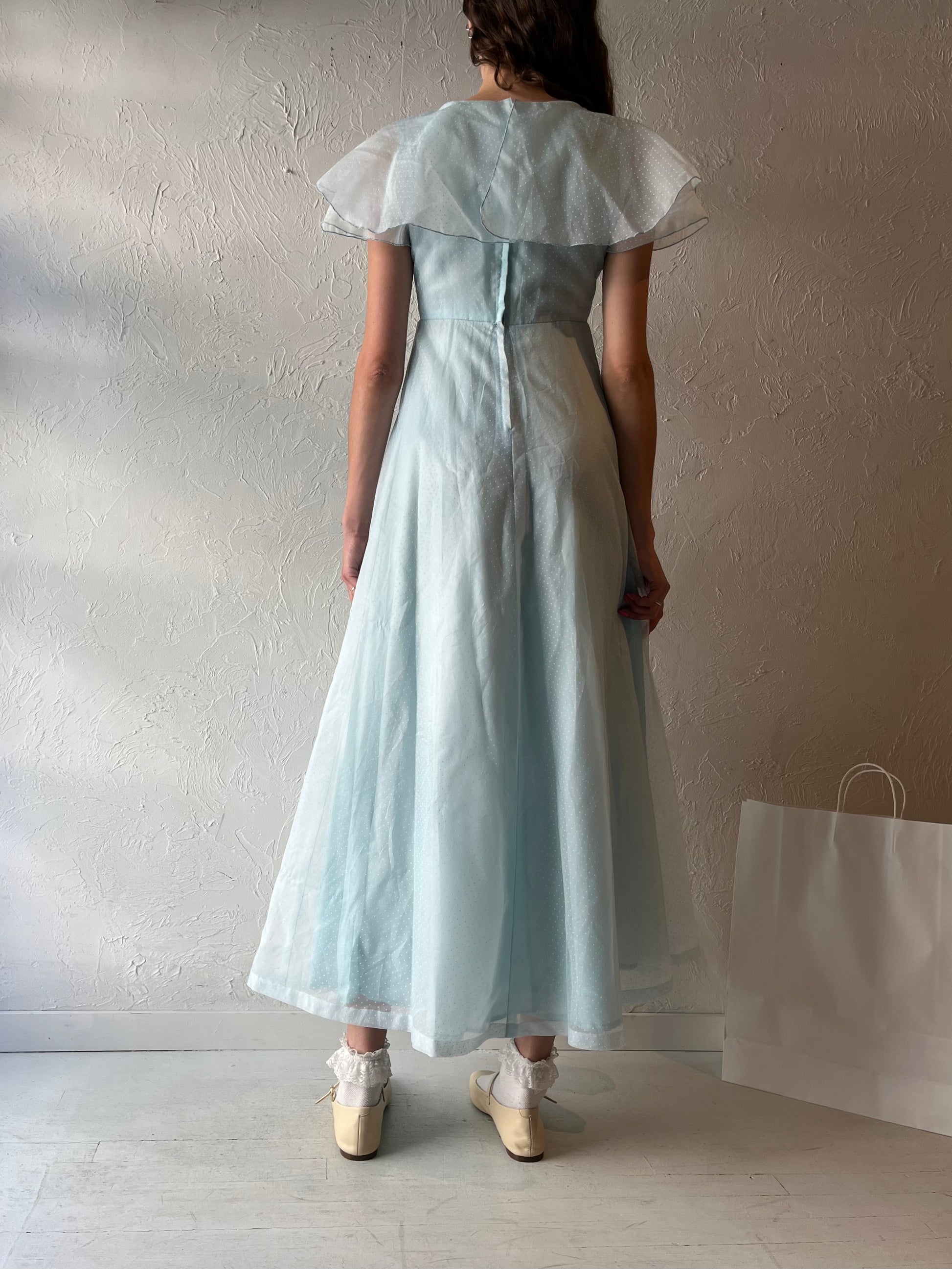 70s 'Pussy Cat' Baby Blue Maxi Dress / Small