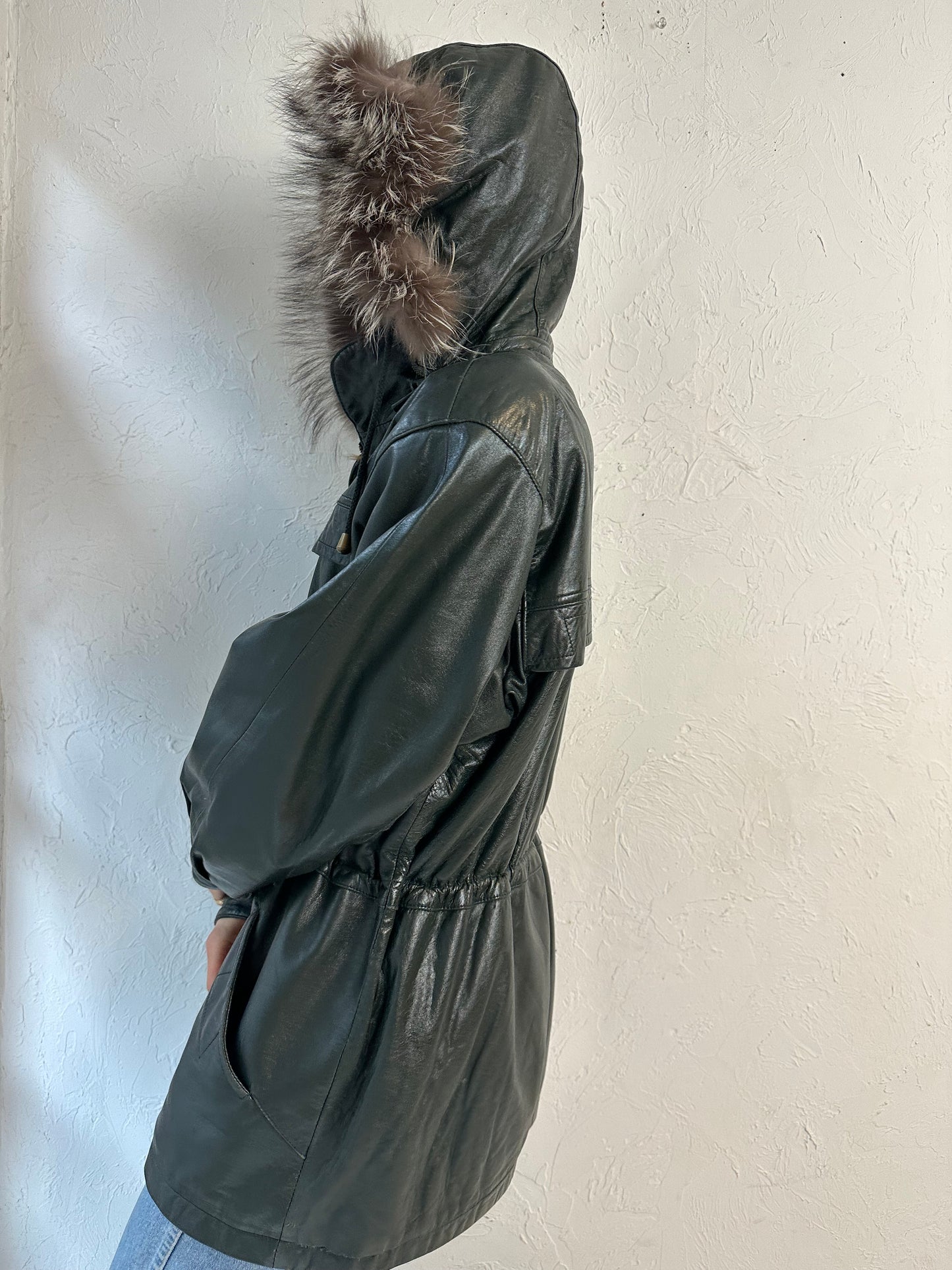Y2k 'New Trend' Green Leather Drawstring Jacket / Medium