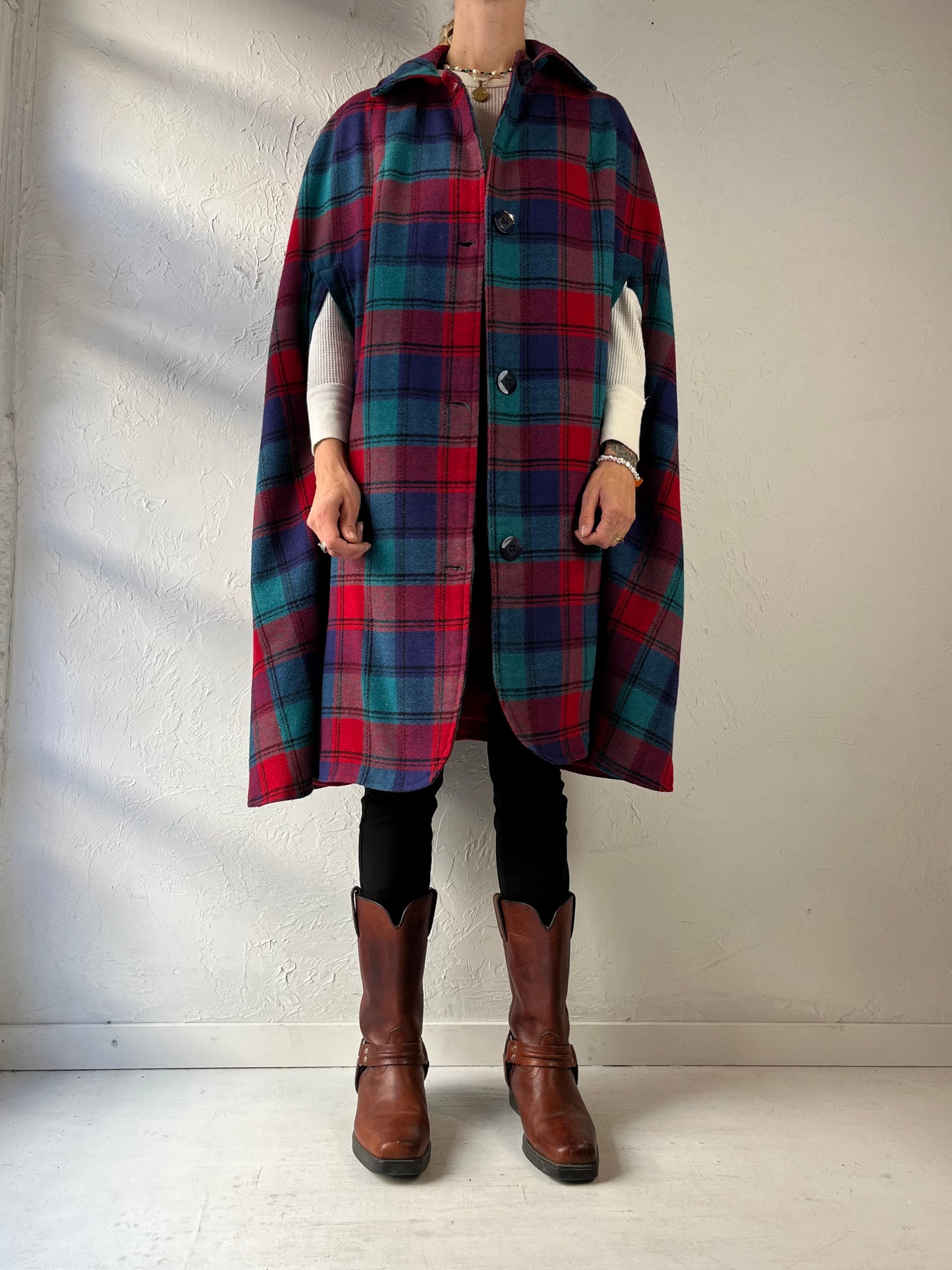 Vintage Classic Plaid Poncho / One Size