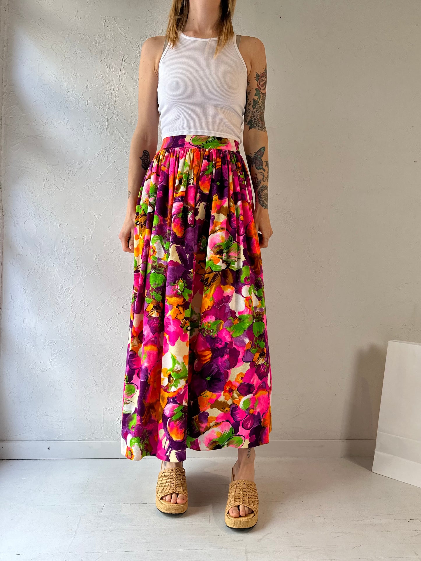 70s Handmade Floral Midi Skirt / Small