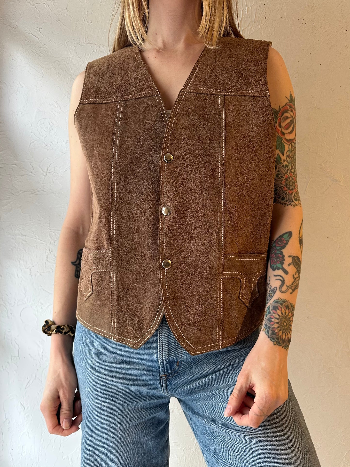 70s Beige Suede Leather Shearling Lined Vest / Medium
