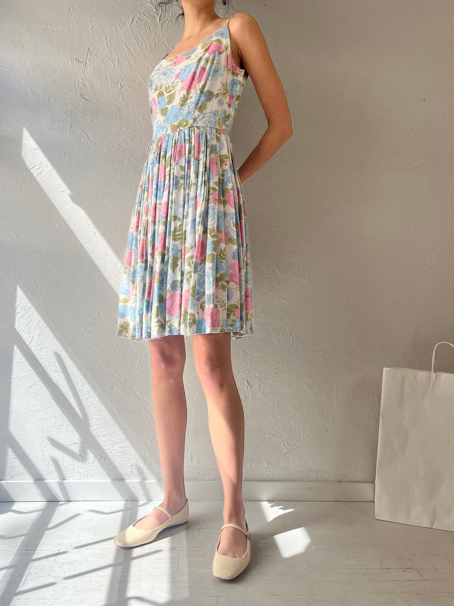 60s Cotton Floral Print A line Spaghetti Strapped Sun Dress / Small