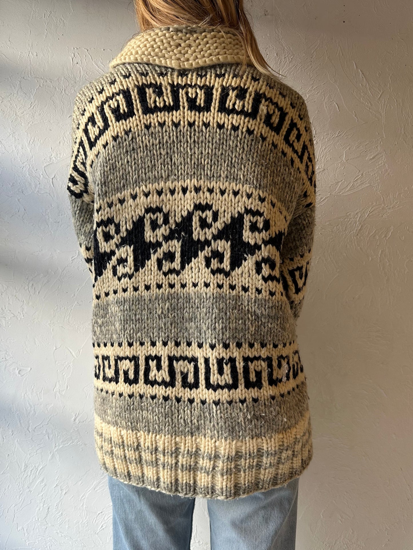 70s Hand Knit Wool Zip-Up Sweater / Large