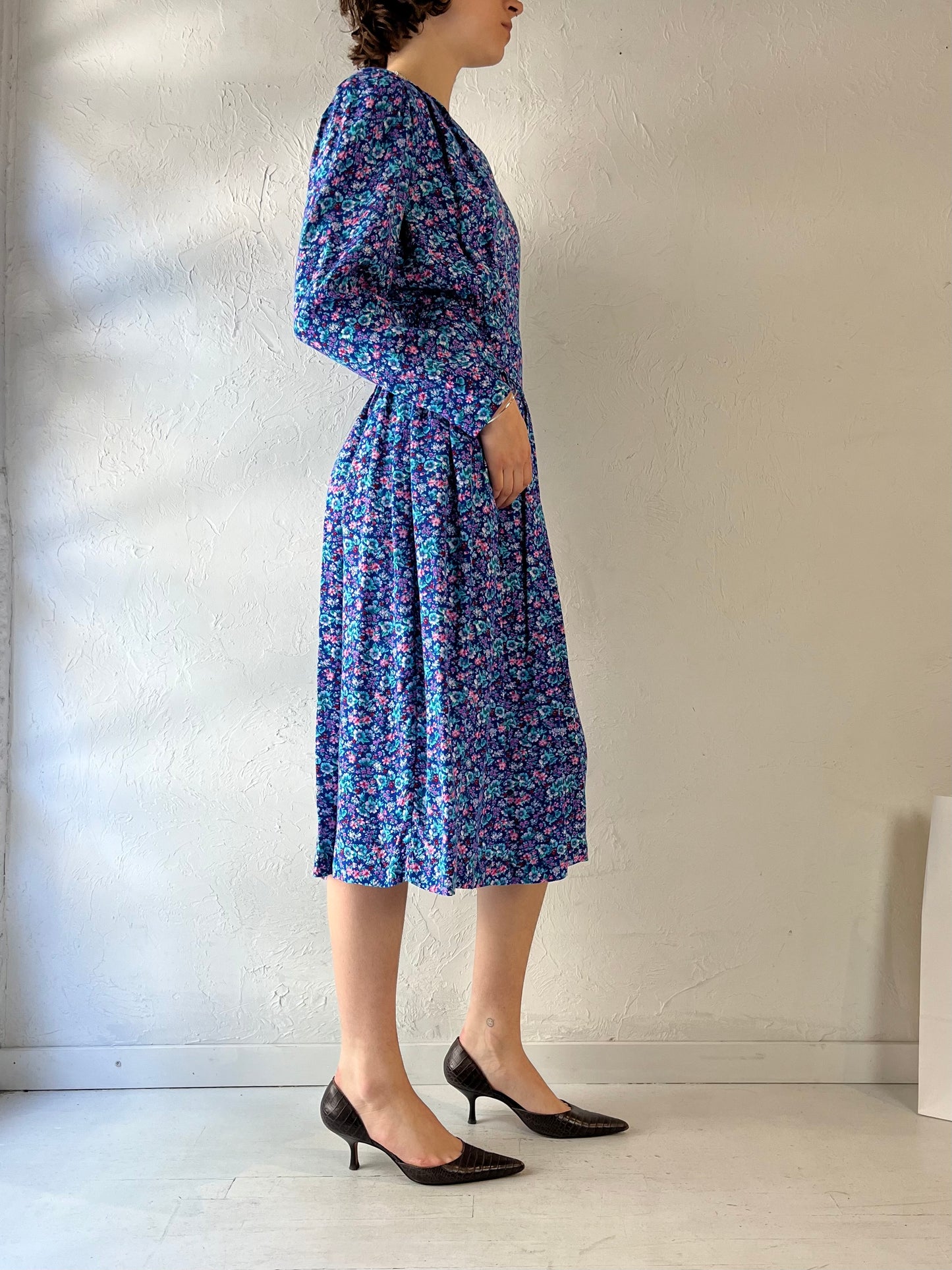 90s 'Karen Stevens' Blue Floral Print Rayon Dress / Large