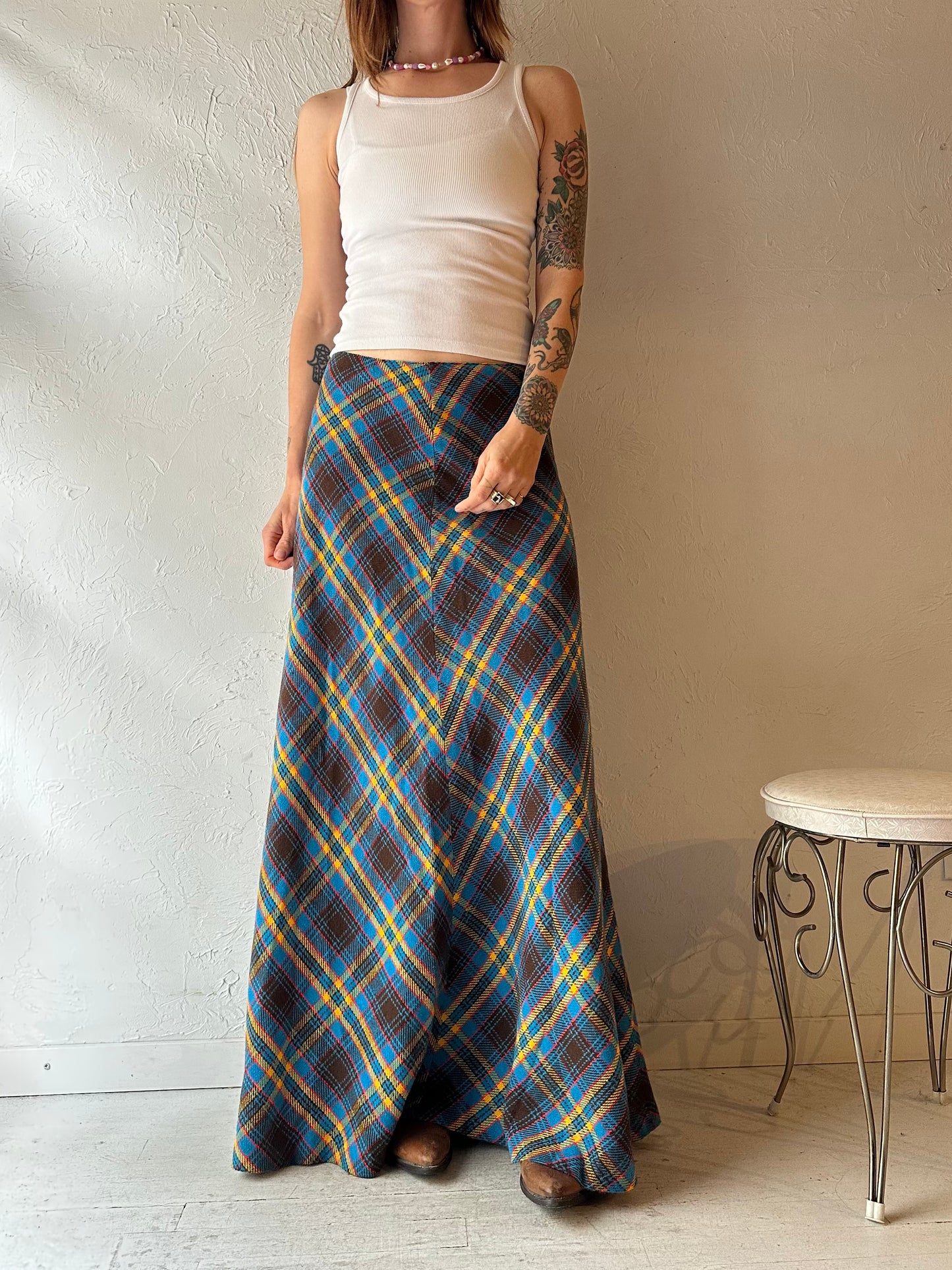 Vintage Handmade Blue Plaid Knit Maxi Skirt / Medium
