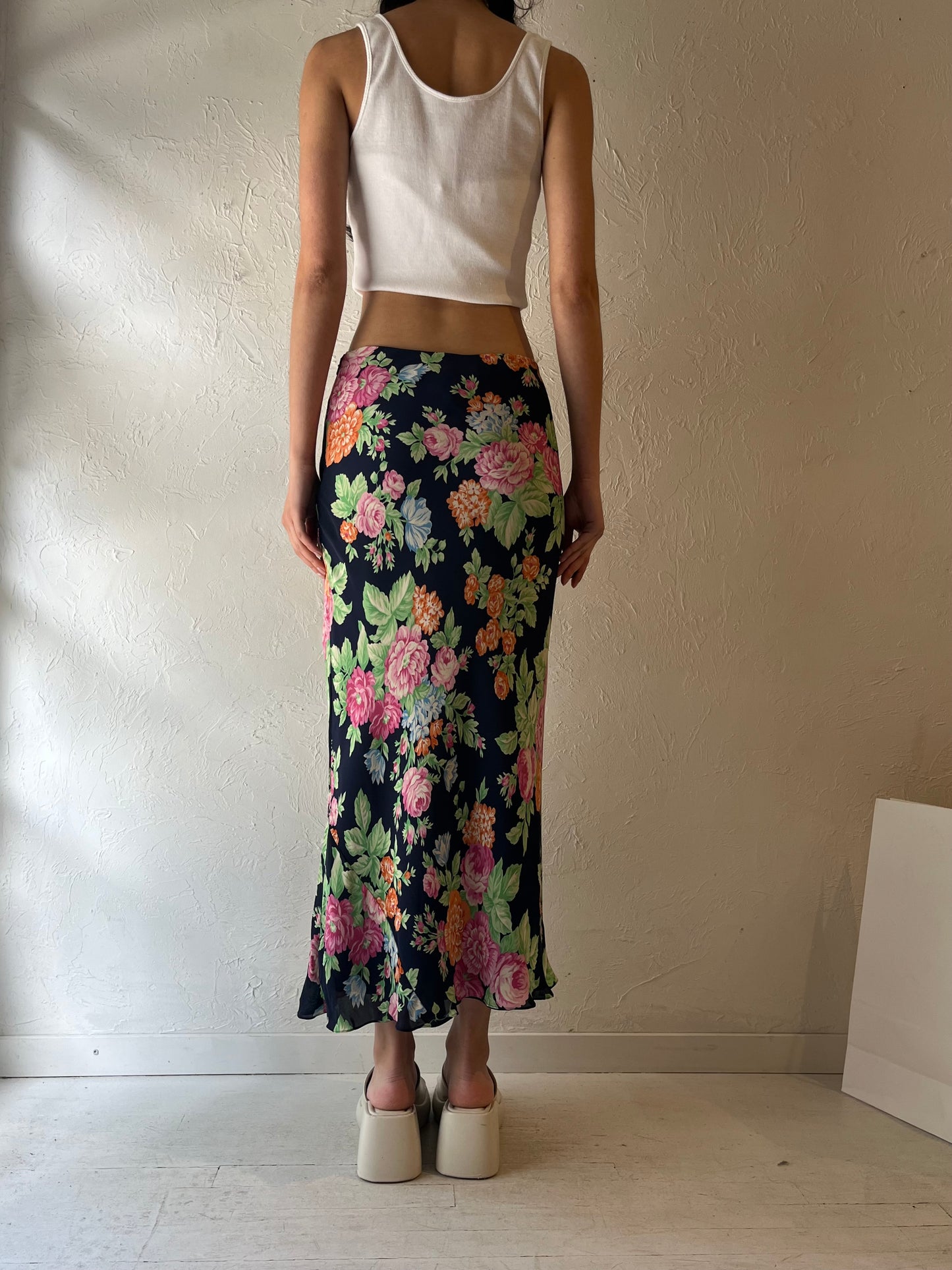 Y2K ‘Jones New York’ Navy Blue Floral Silk Maxi Skirt / Medium