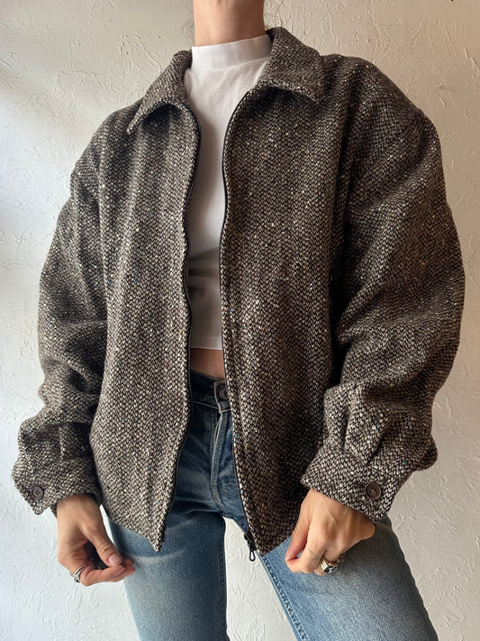 90s Brown Tweed Knit Bomber Jacket / Small