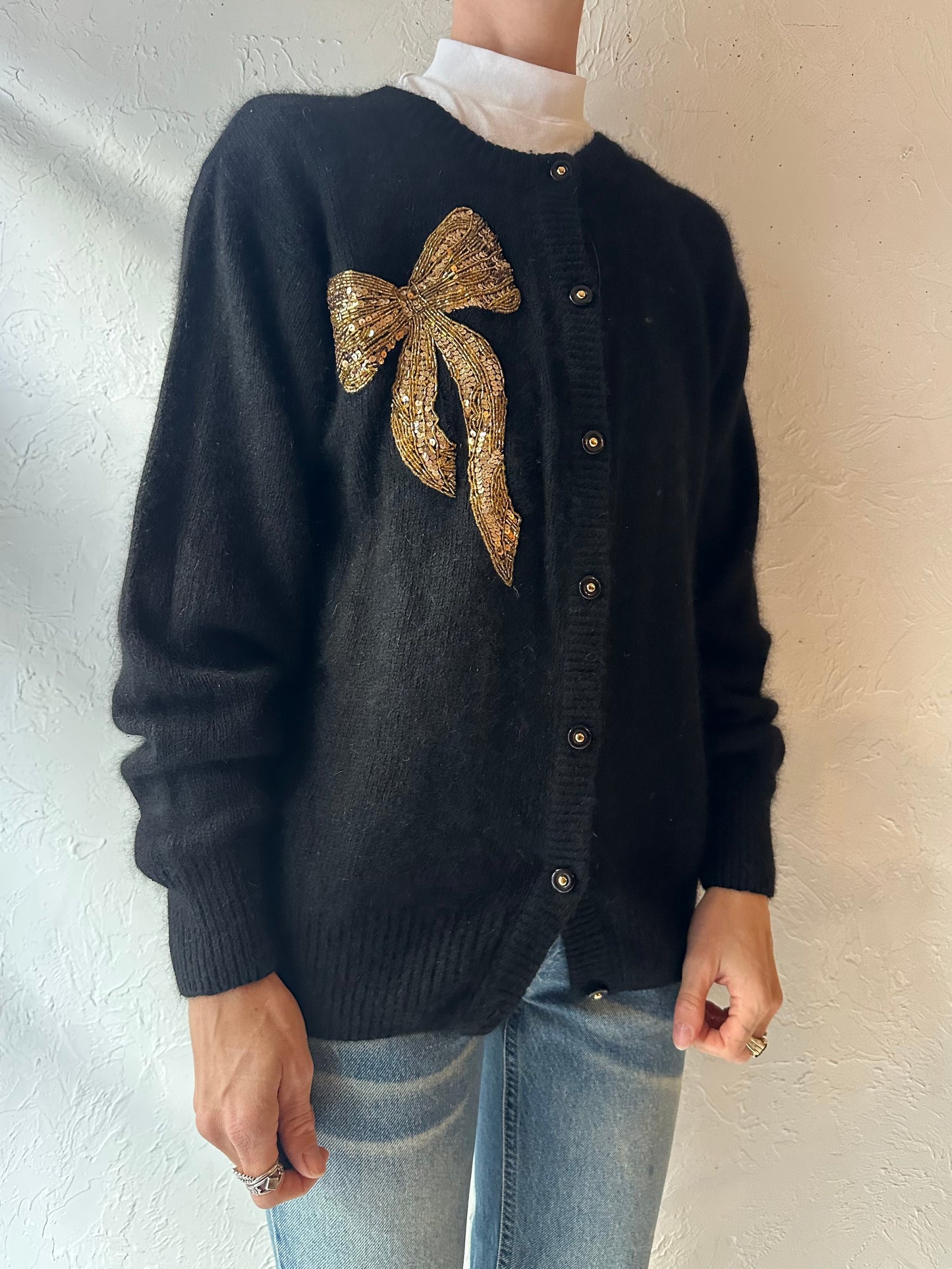 90s 'Santoria' Black Sequin Cardgian / Medium