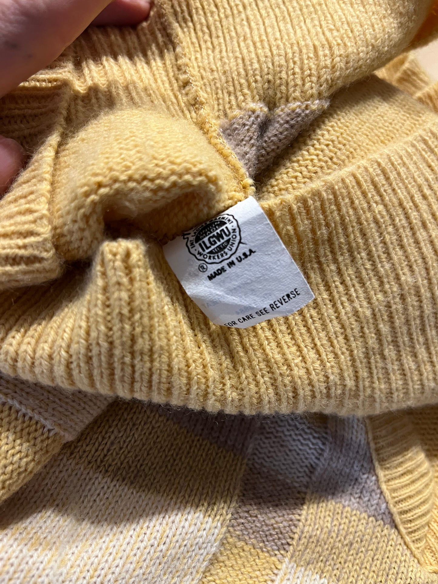 70s 'Mark Scot' Yellow Acrylic Knit V Neck Sweater / Union Made / Large