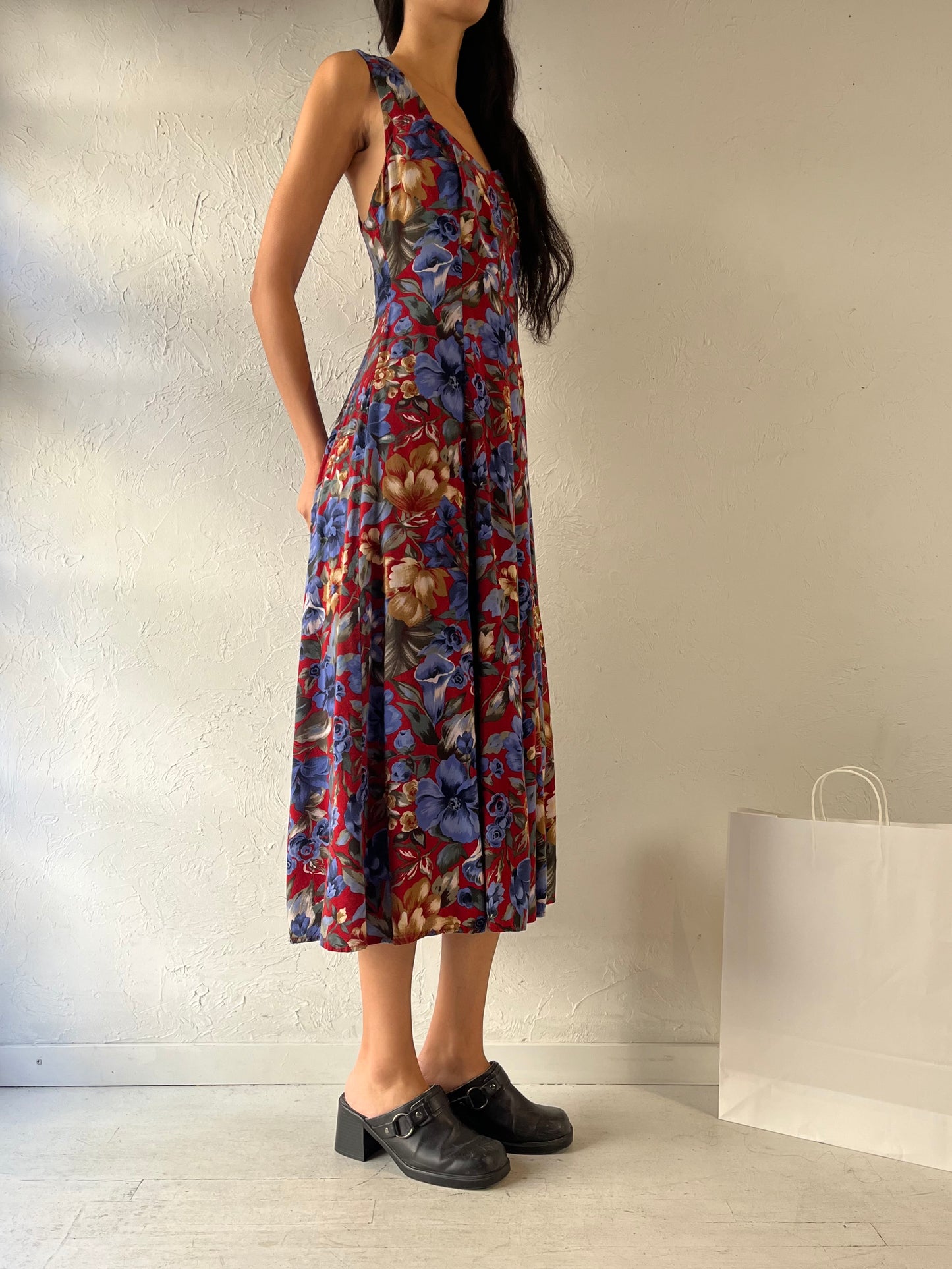 90s 'All That Jazz' Blue Floral Print Dress / Medium