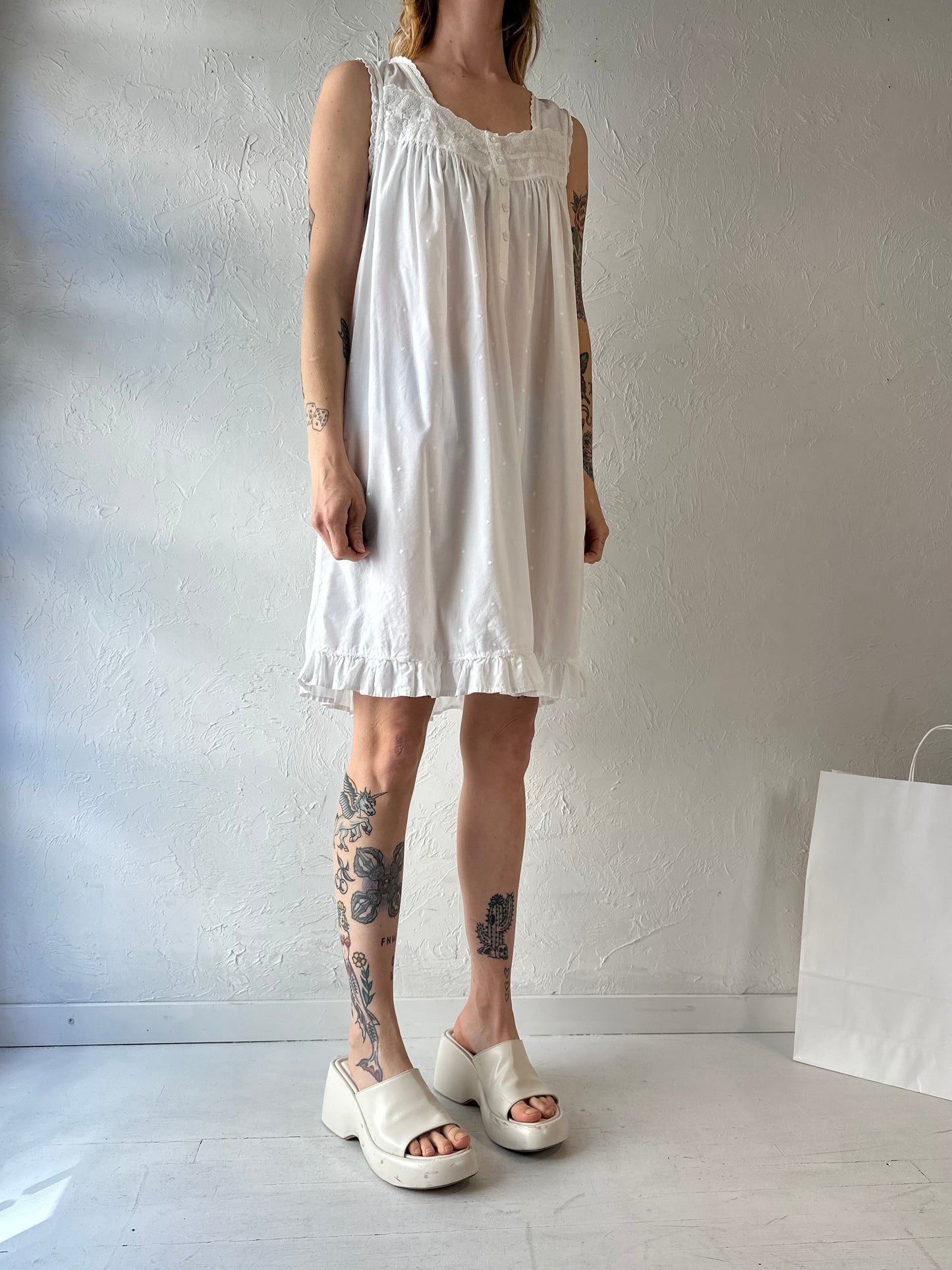 90s 'Charter Club' White Cotton Mini Dress / Medium