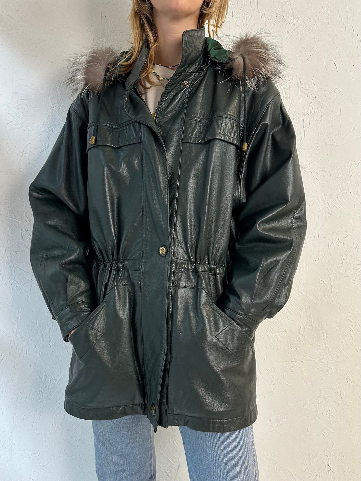 Y2k 'New Trend' Green Leather Drawstring Jacket / Medium