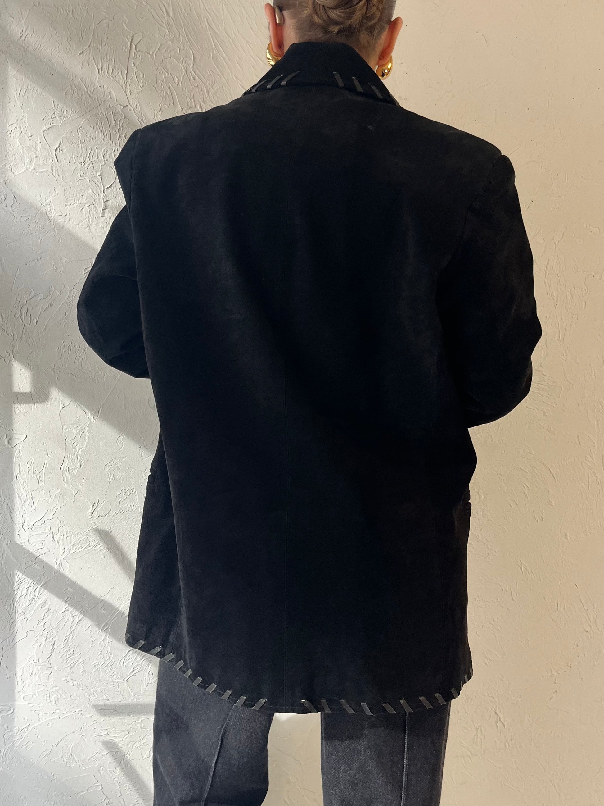 80s 'Dalmys' Oversized Black Suede Jacket / Small