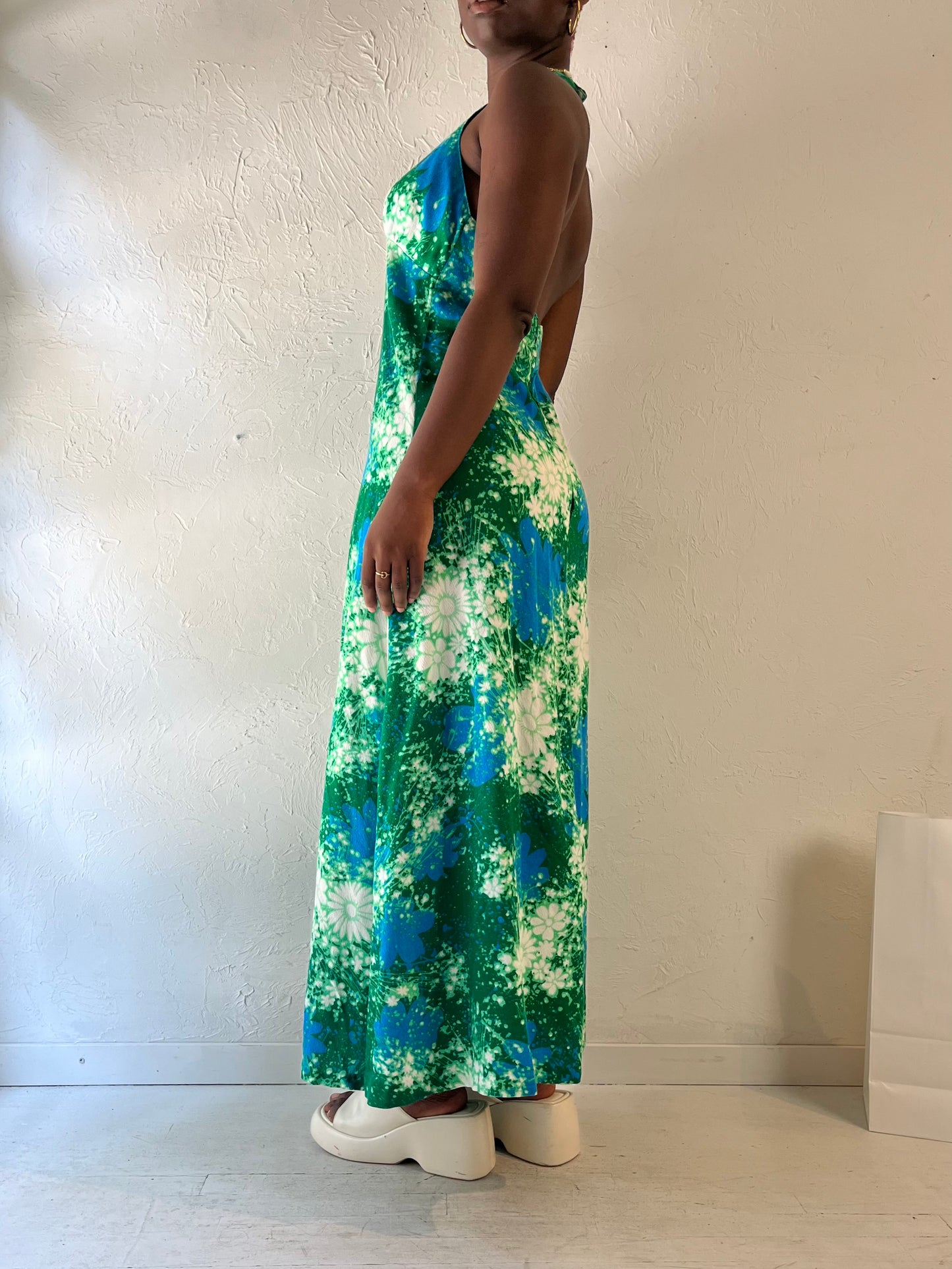 Vintage Handmade Green Patterned Halter Dress / Medium