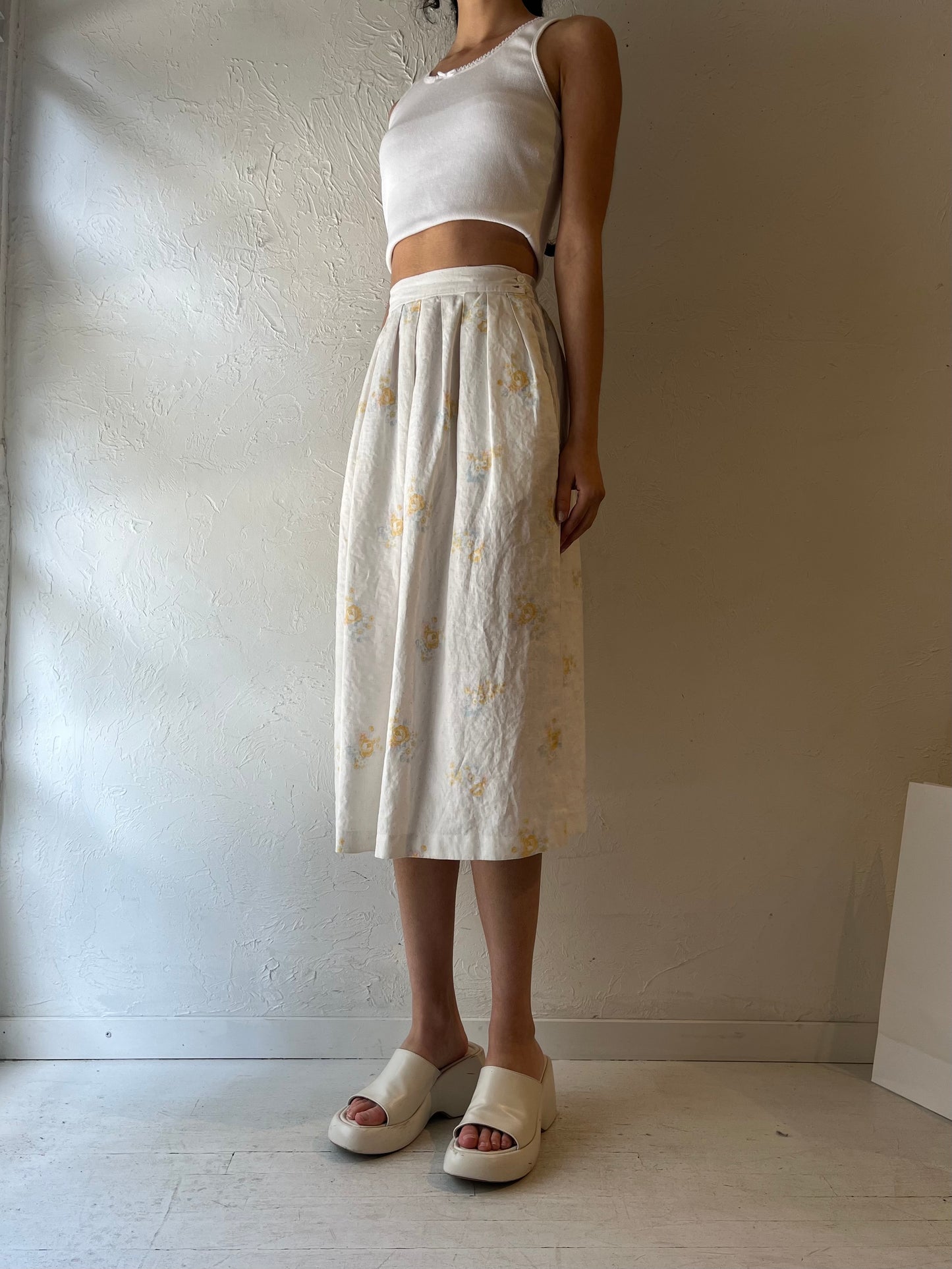 90s ‘Laura AdamS’ Linen Floral Print Midi Skirt / Small