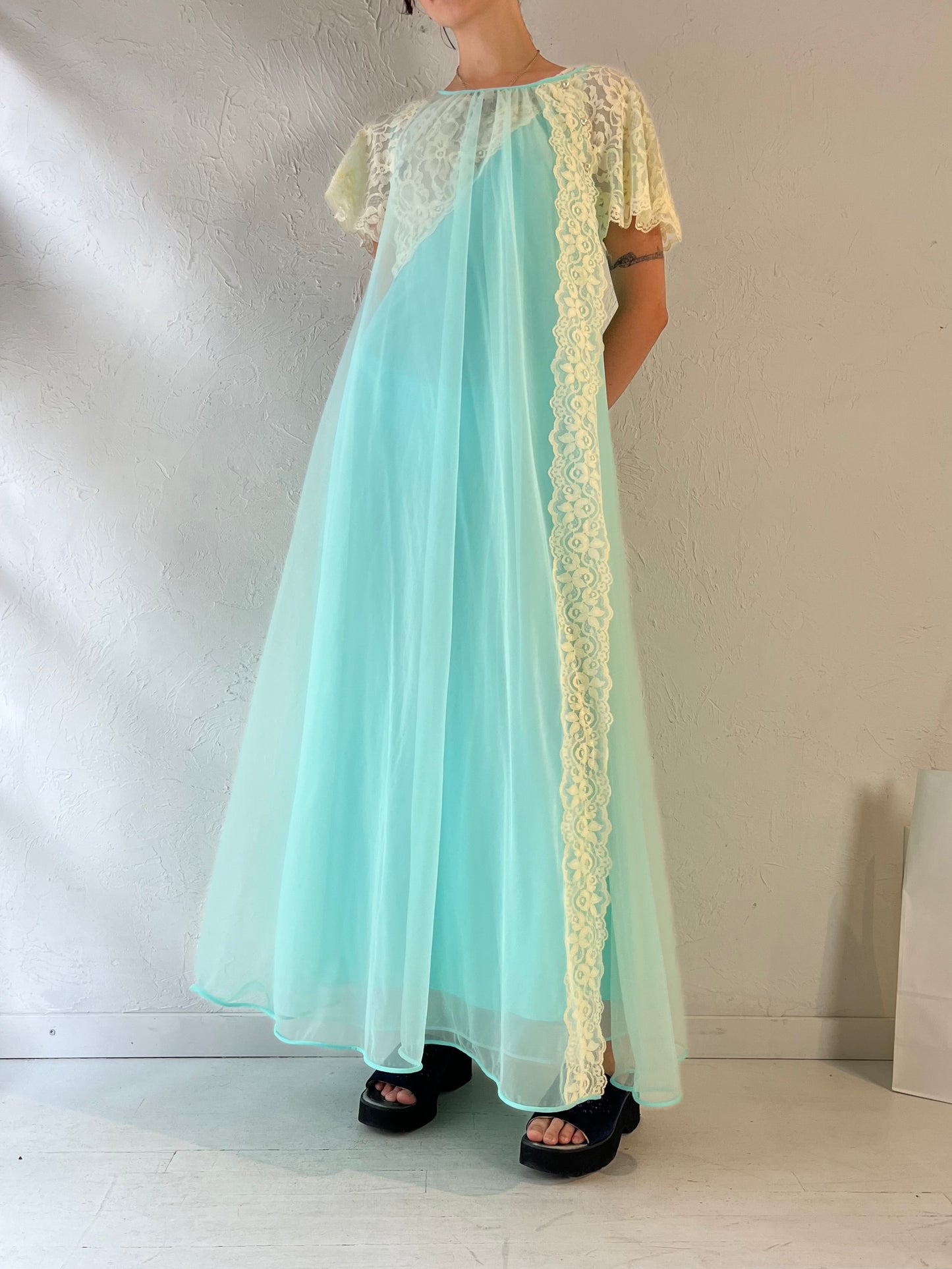 80s 'Linda Lingerie' Blue Night Gown Robe Set / Small - Medium
