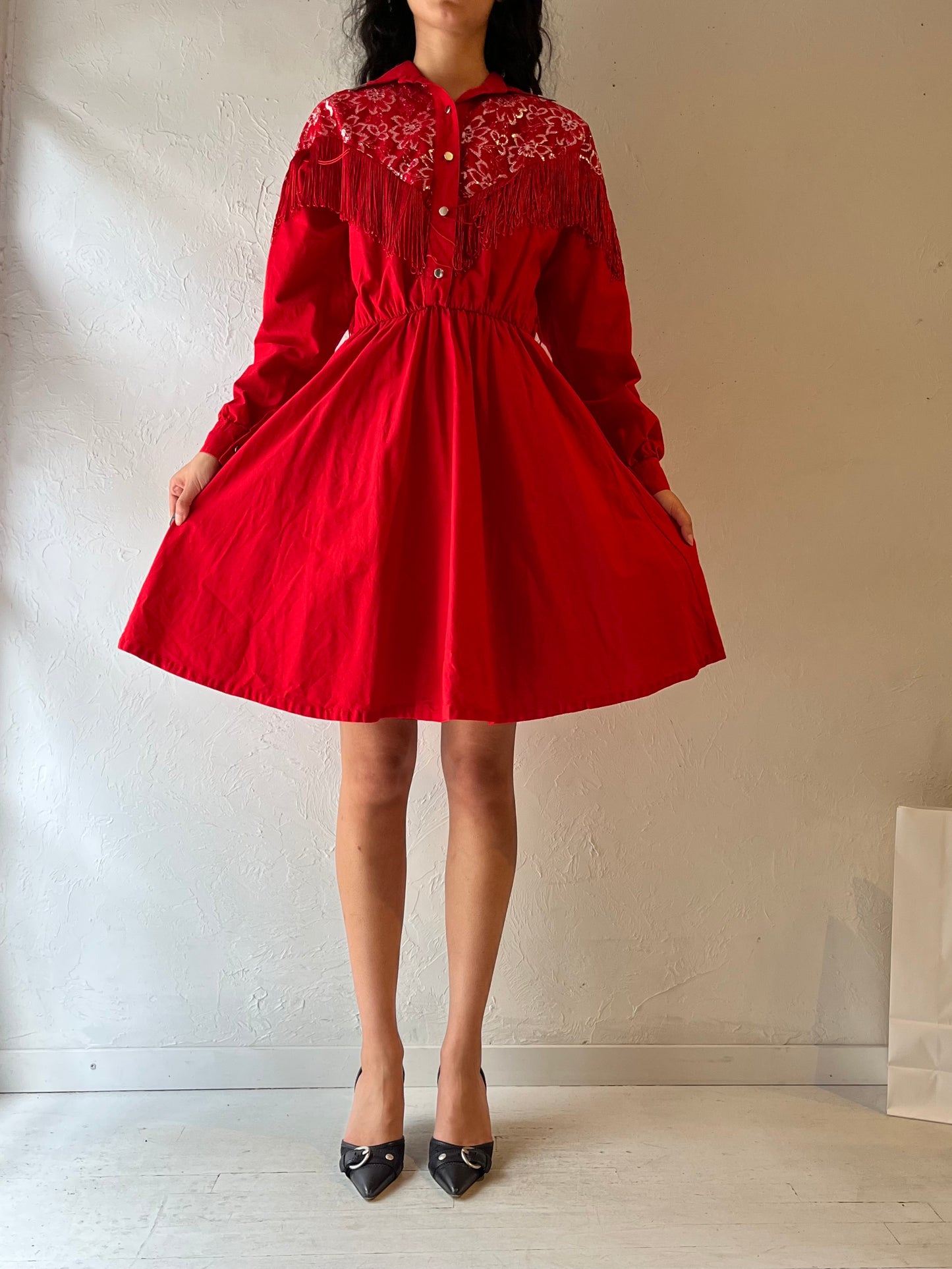 80s ‘Lila Suilty’ Red Western Fringe Dress / Small