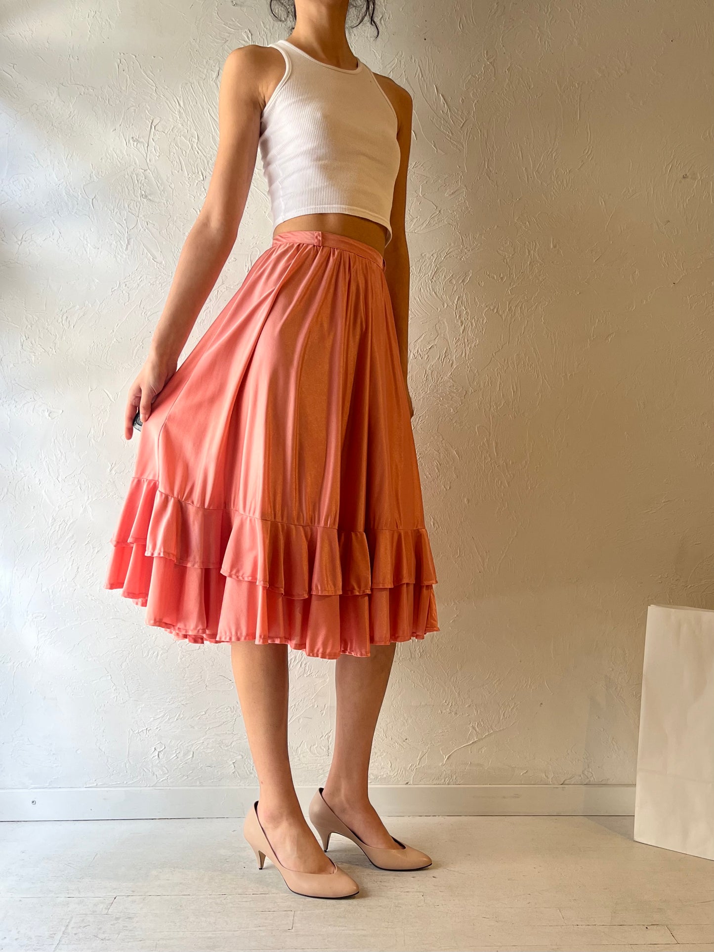 70s Pink Ruffle Midi Skirt / XS