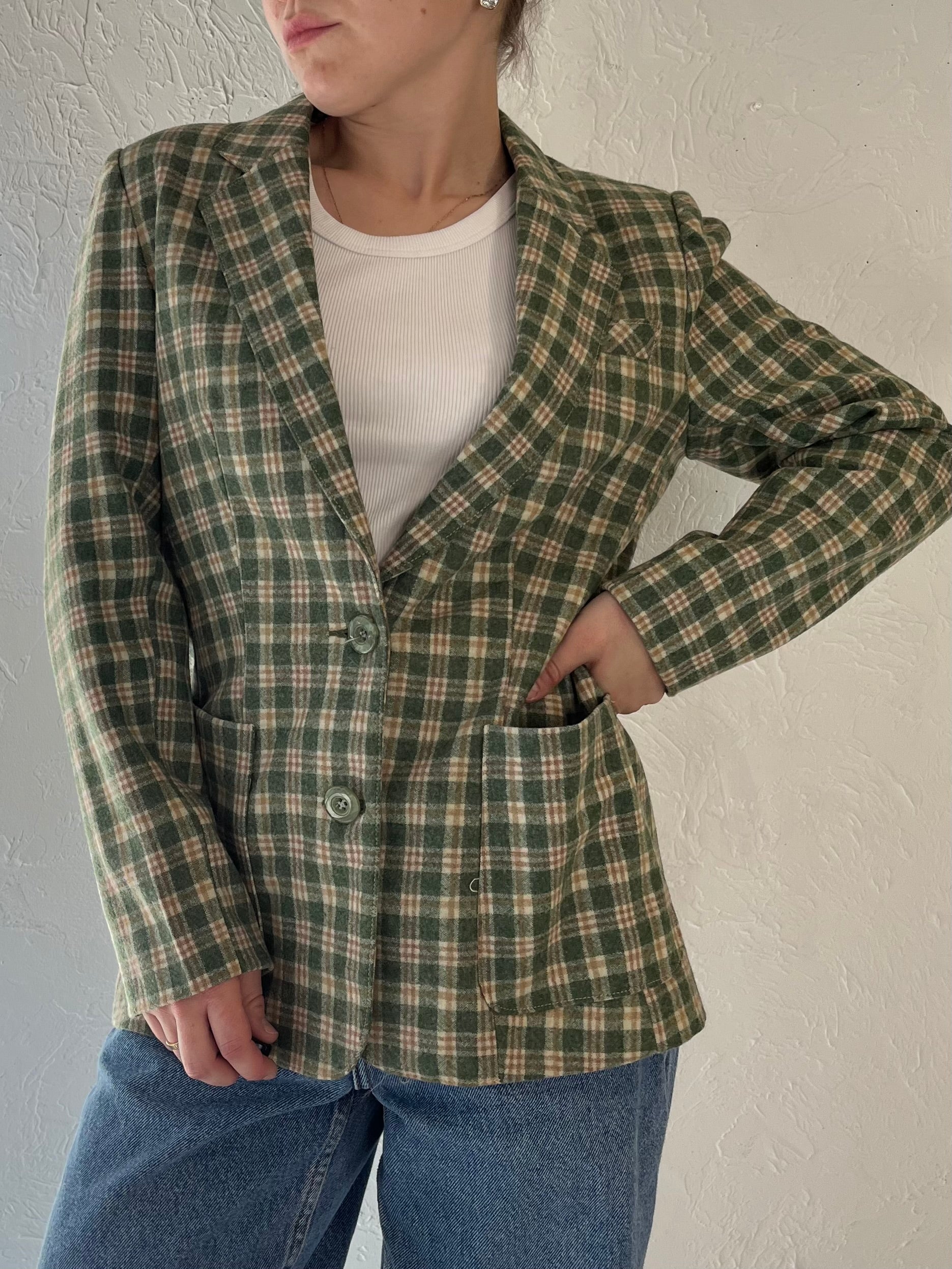 Vintage Green Plaid Knit Blazer Jacket / Small