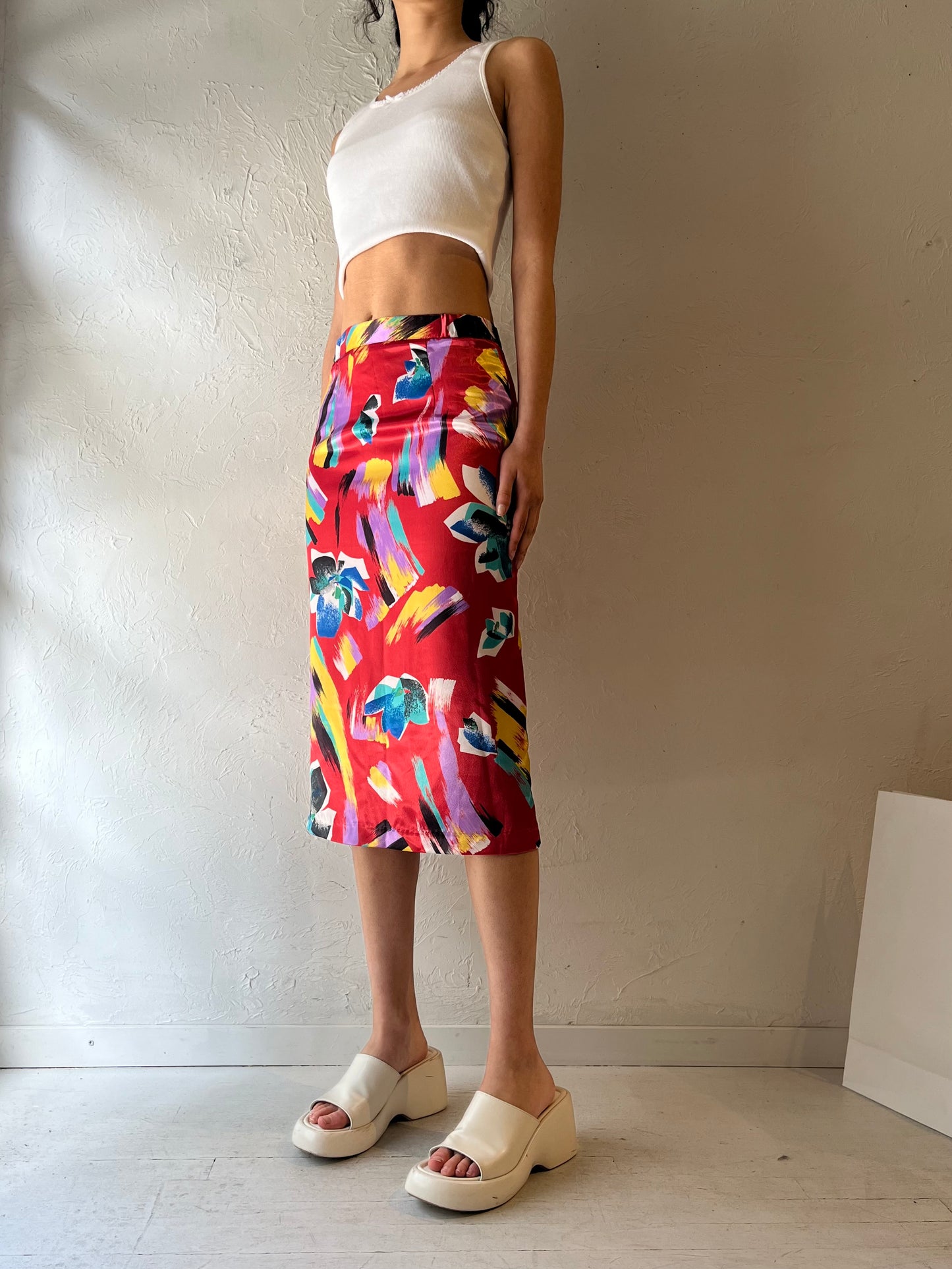 80s ‘Vivian’ Red Patterned High Waisted Midi Skirt / Small