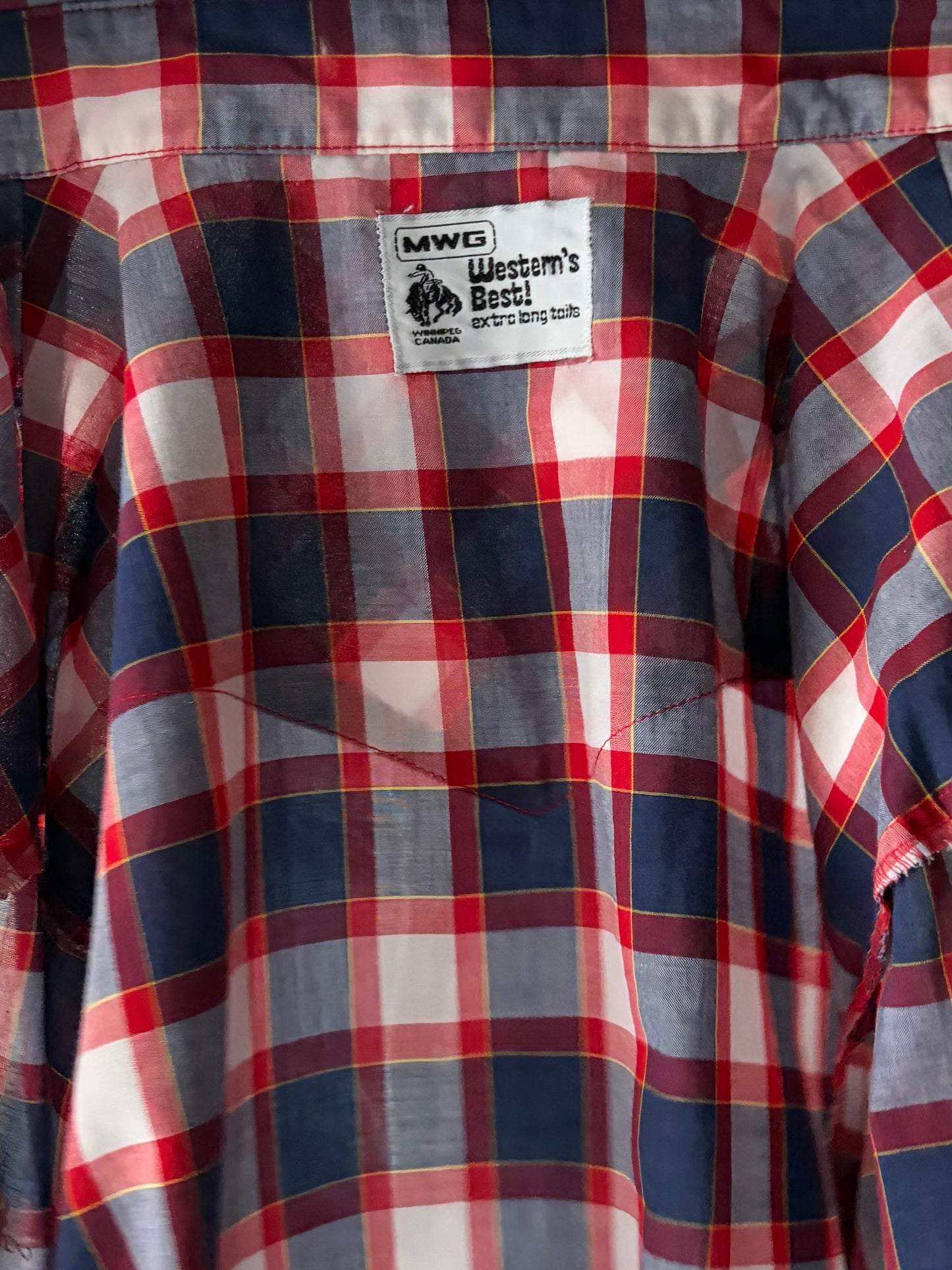 90s 'MWG' Blue Plaid Western Snap Up Shirt / Vintage 1990s Cowboy Workwear Shirt / Large