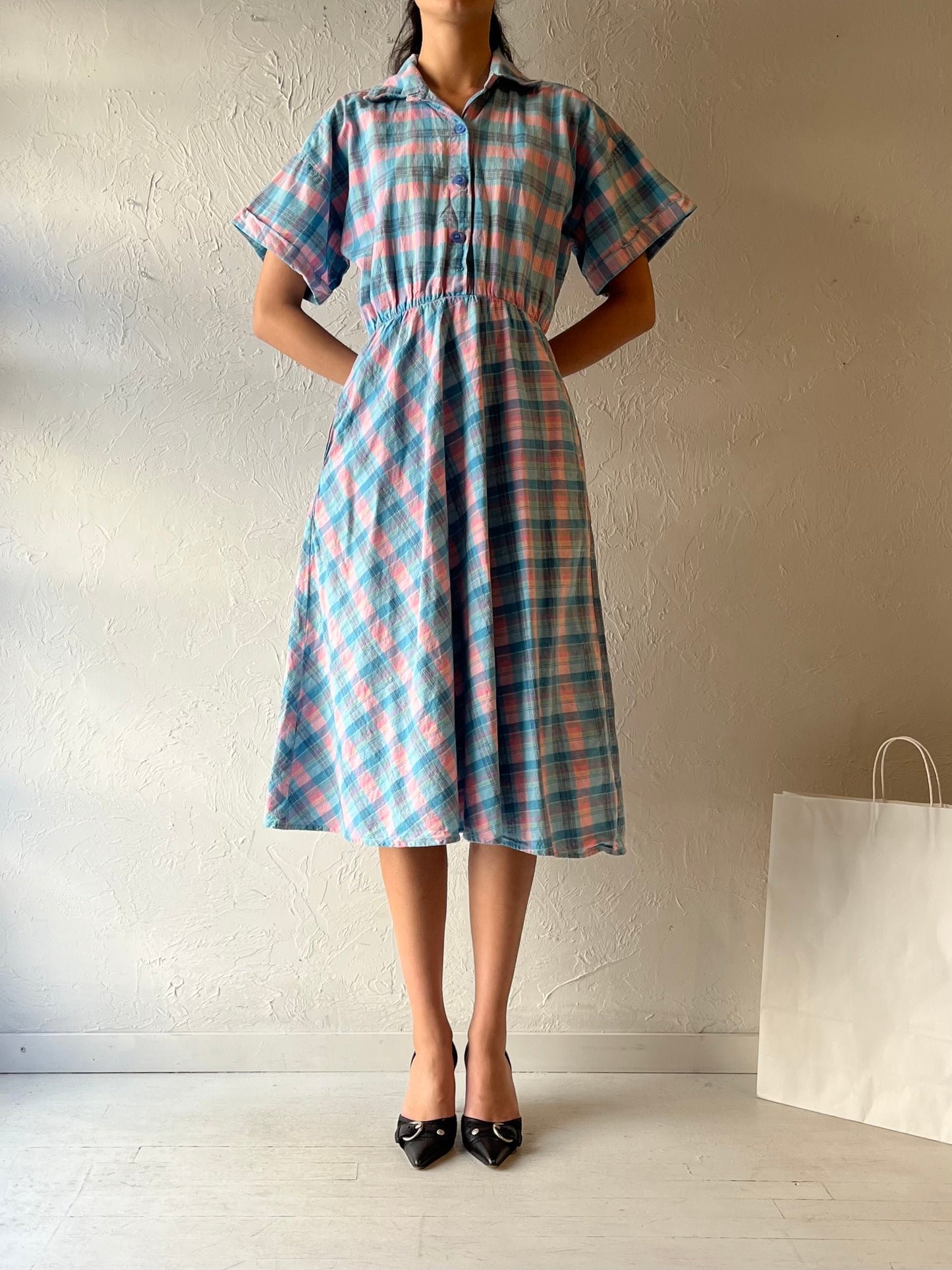 70s ‘Traditions Sears’ Blue Plaid Collared Dress / Small