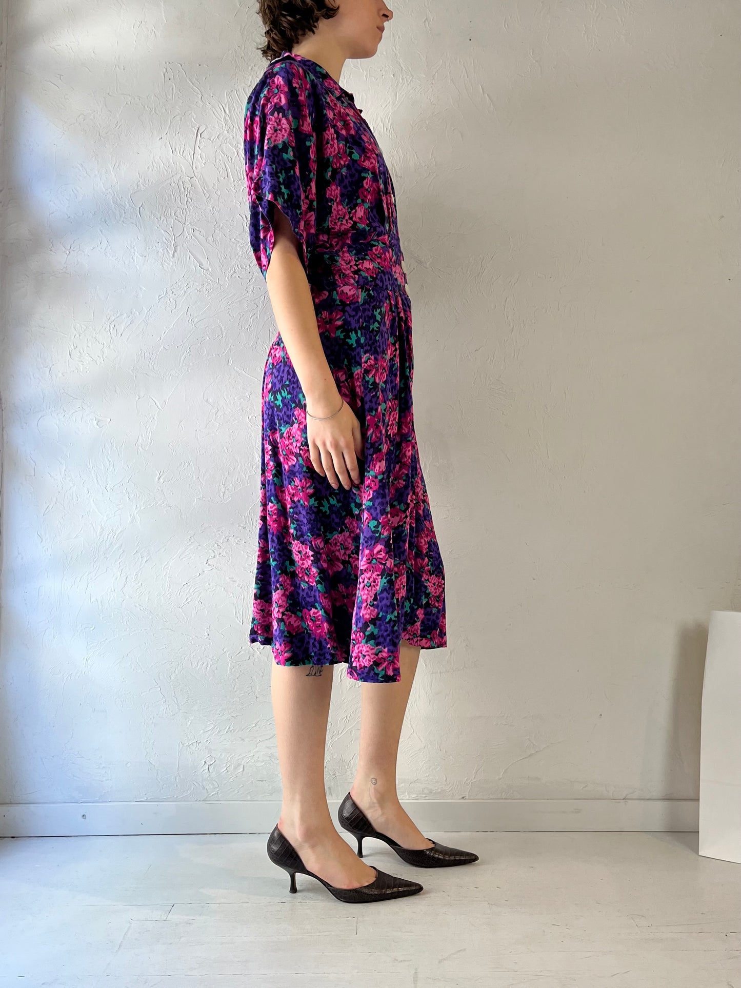 90s 'Caroline Wells' Floral Print Rayon Dress / Medium