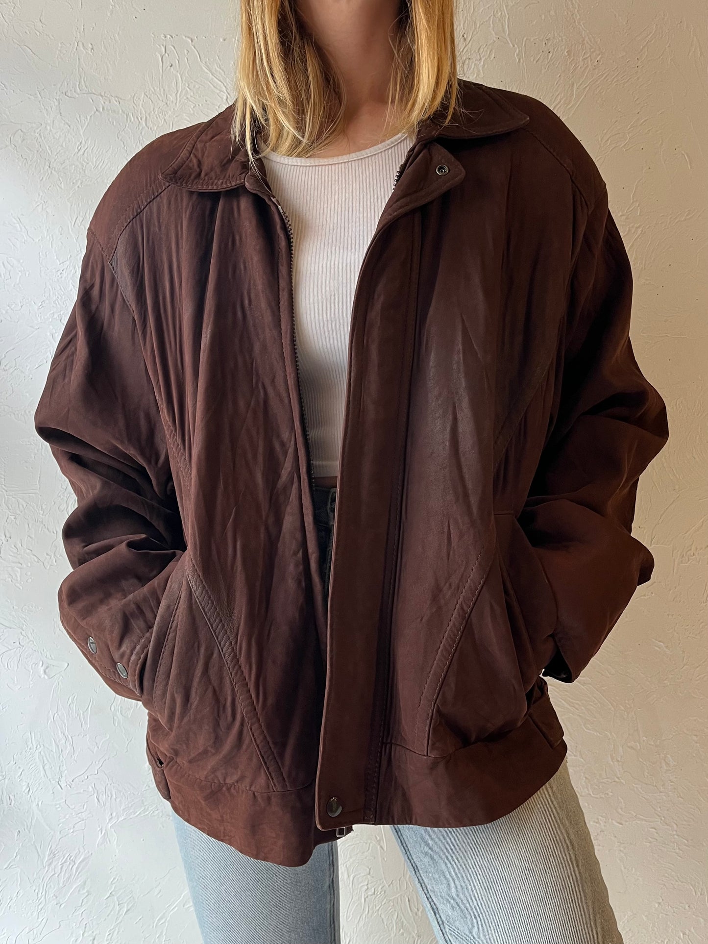 90s ‘Champs Elys’ Brown Suede Leather Bomber Jacket / Large