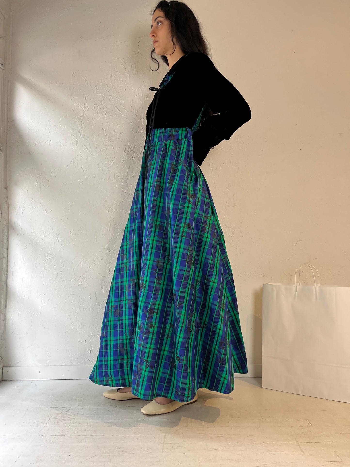 Vintage Handmade Velvet Tartan Maxi Dress / Medium