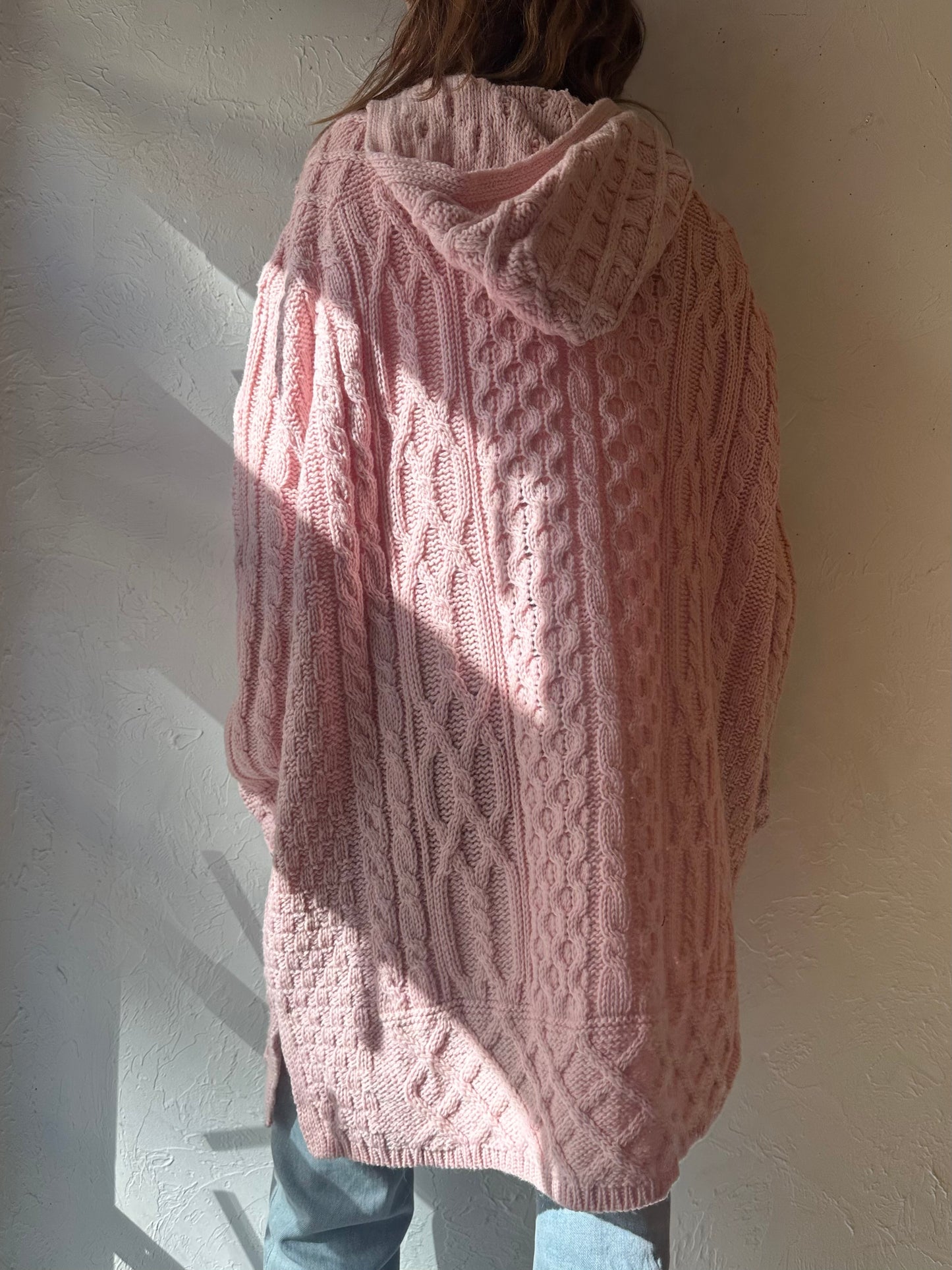 Vintage 'Arancrafts' Pink Merino Wool Cable Knit Cardigan Sweater / XXL