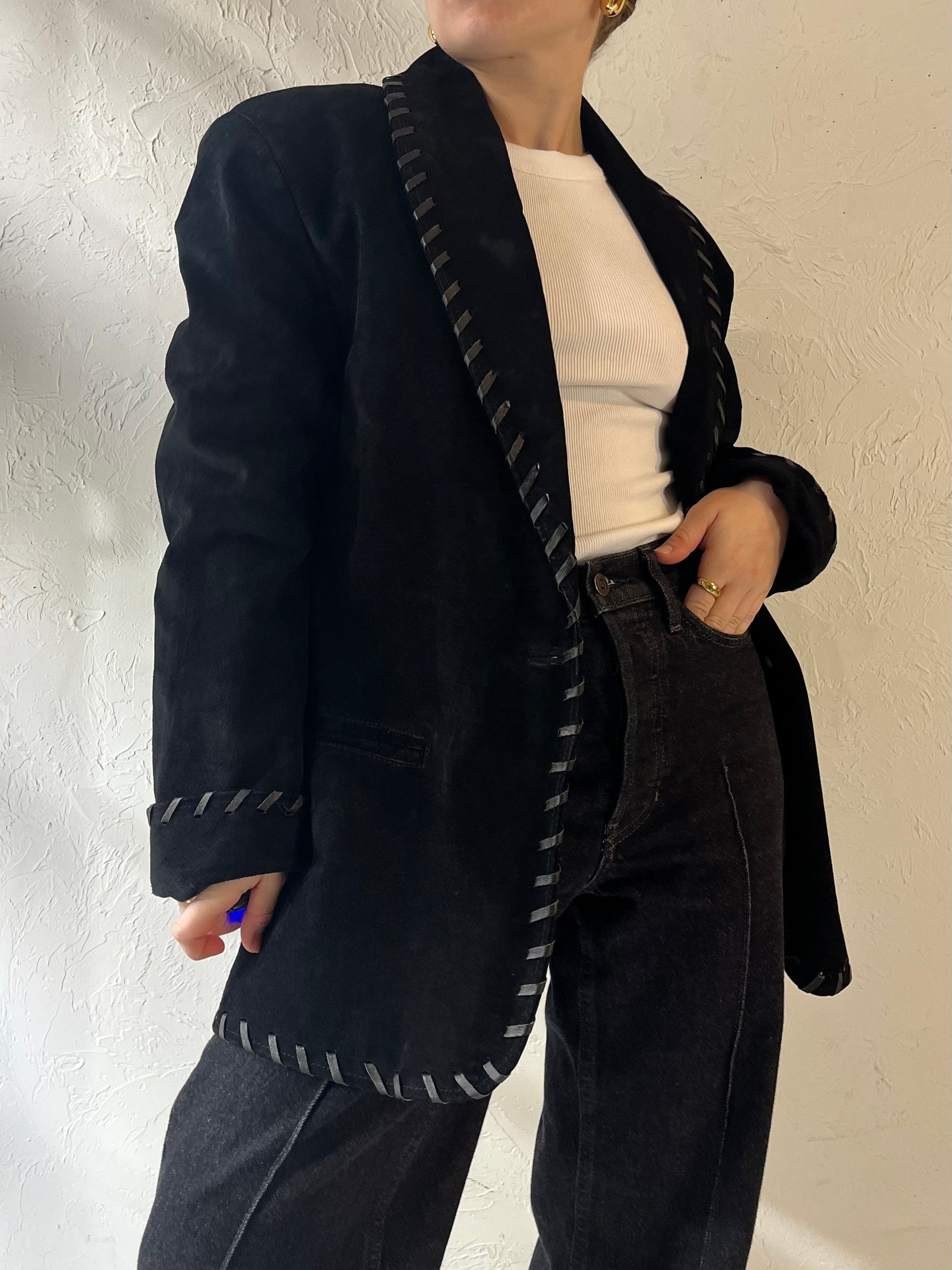 80s 'Dalmys' Oversized Black Suede Jacket / Small