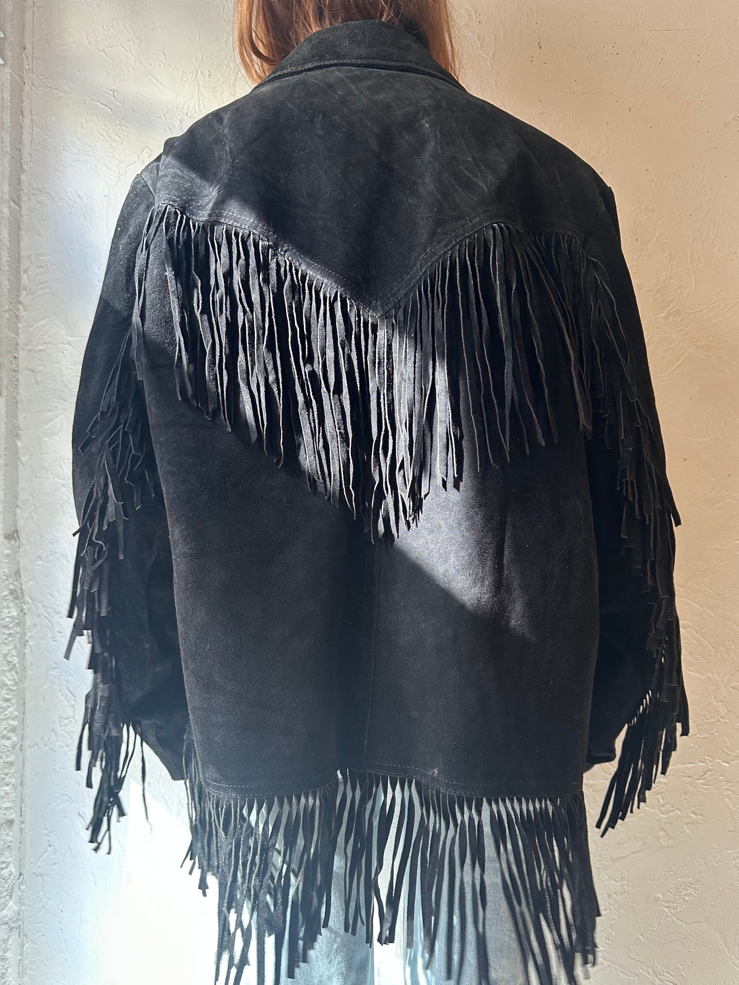 70s 'Cevys' Black Suede Fringe Jacket / Large