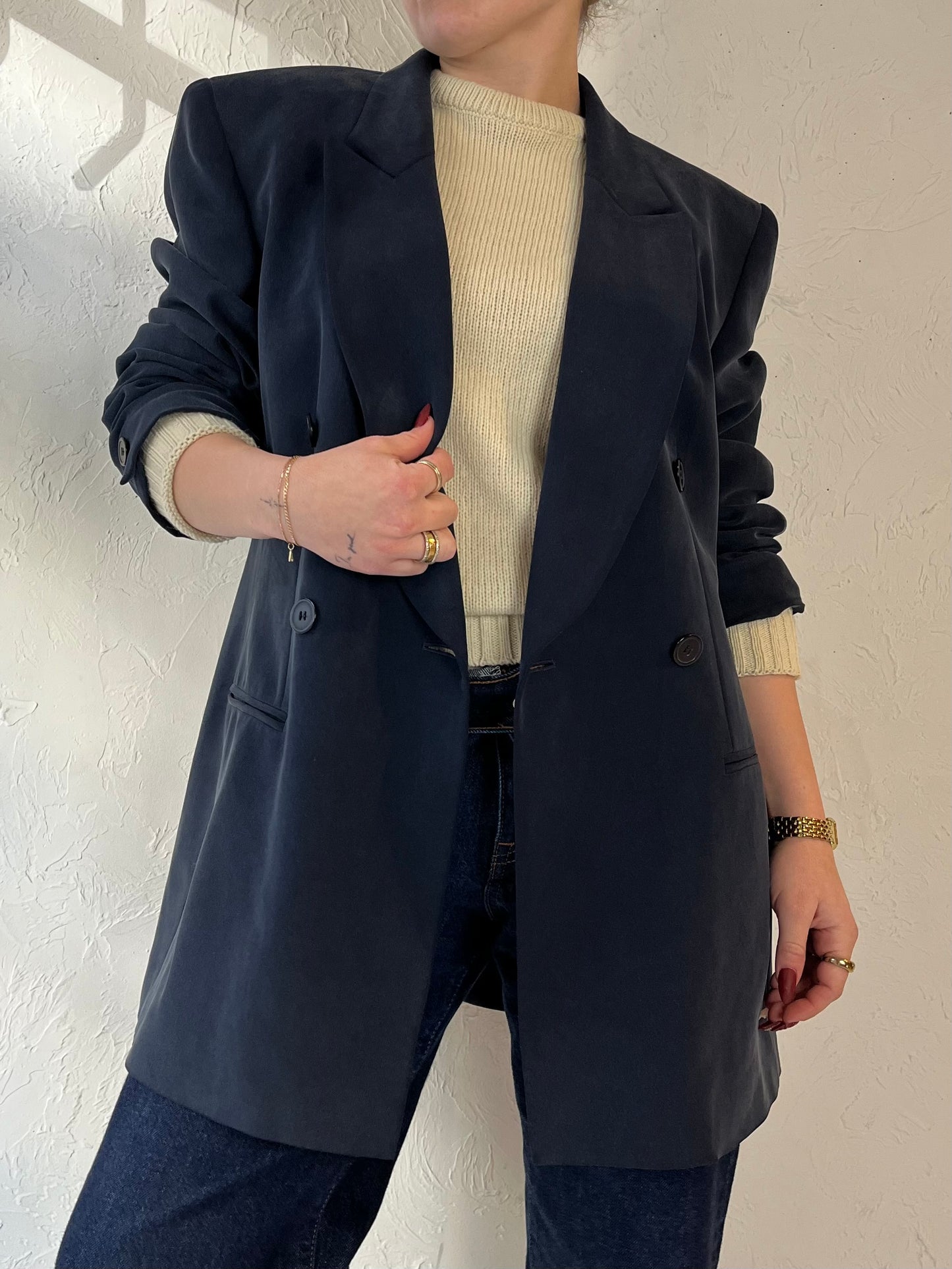 90s ‘Jones New York’ Navy Blue Silk Blazer / Medium