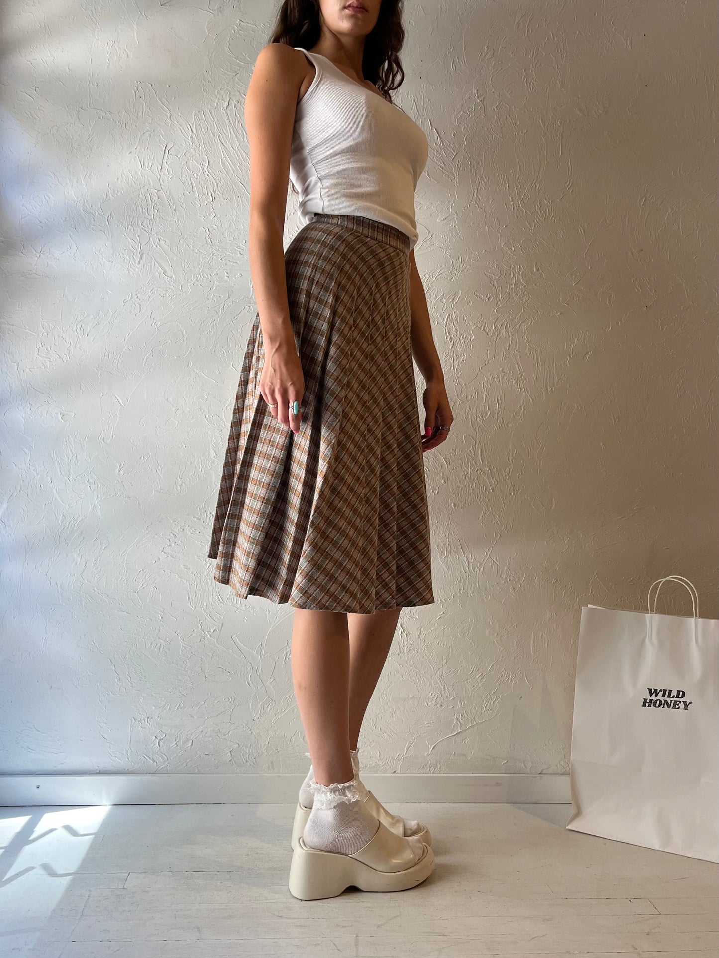 70s Knit Plaid Midi Skirt / XS