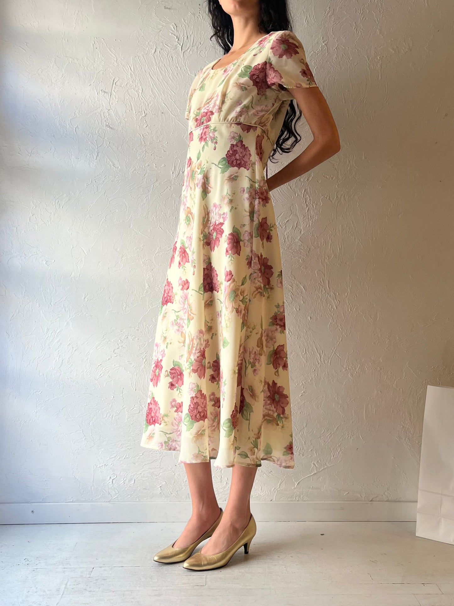 90s ‘Scarlet International’ Yellow Floral Midi Dress / Medium