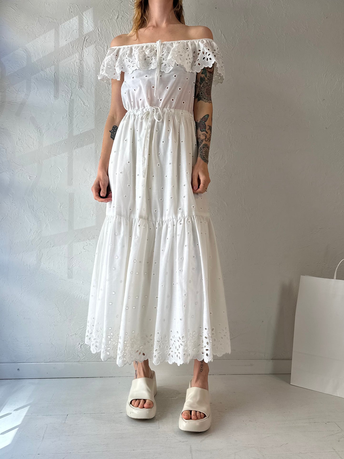 Vintage White Cotton Eyelet Midi Dress / Small