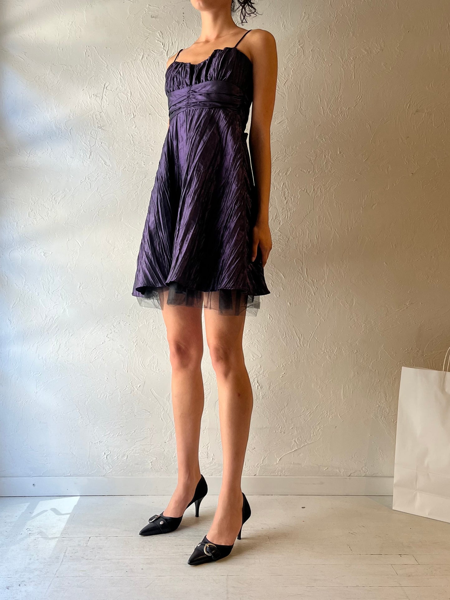 90s ‘Le Chateau’ Purple Crinkle Mini Dress / Small