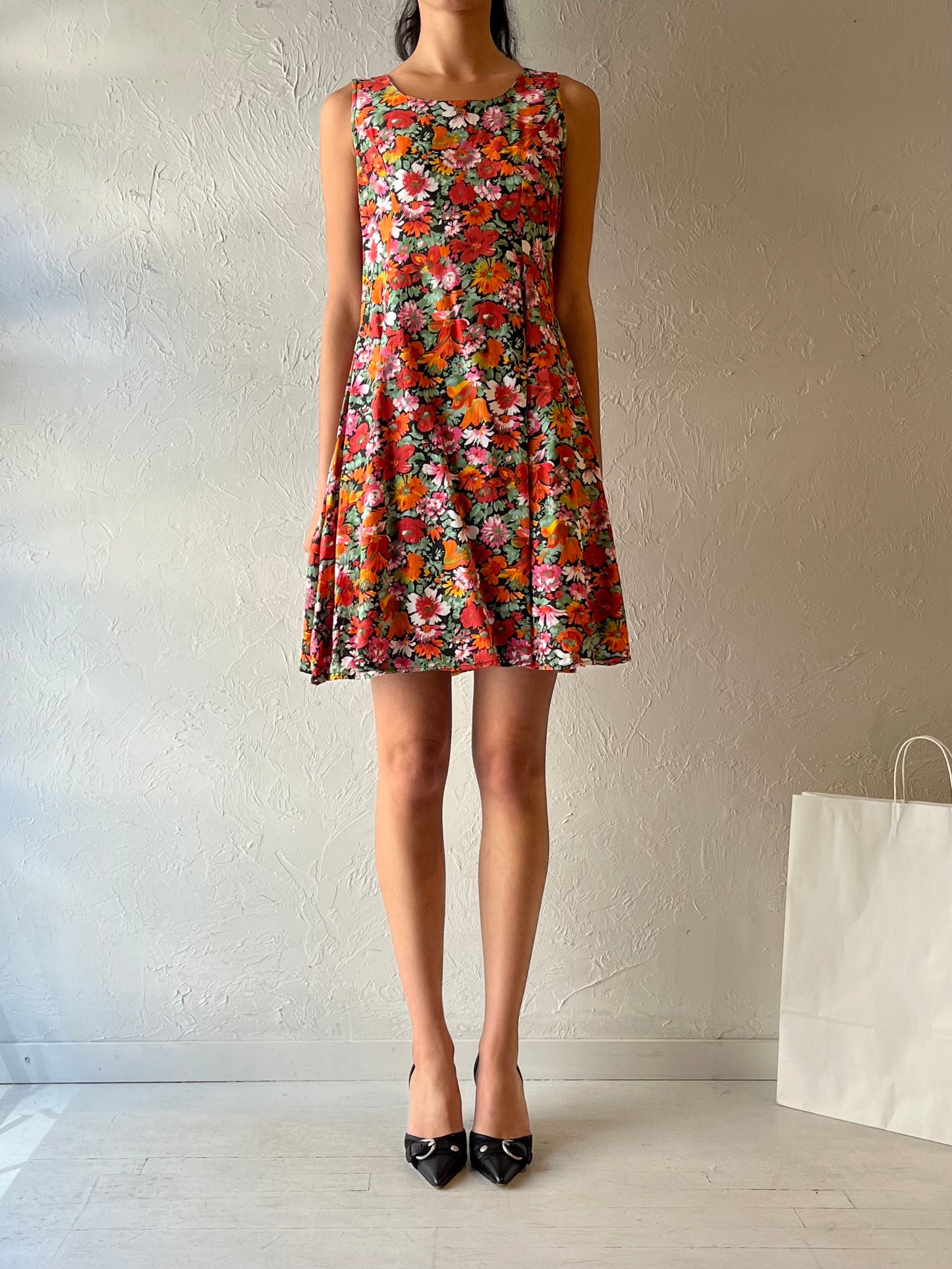90s ‘Beechers Brook’ Orange Floral Mini Dress / Medium