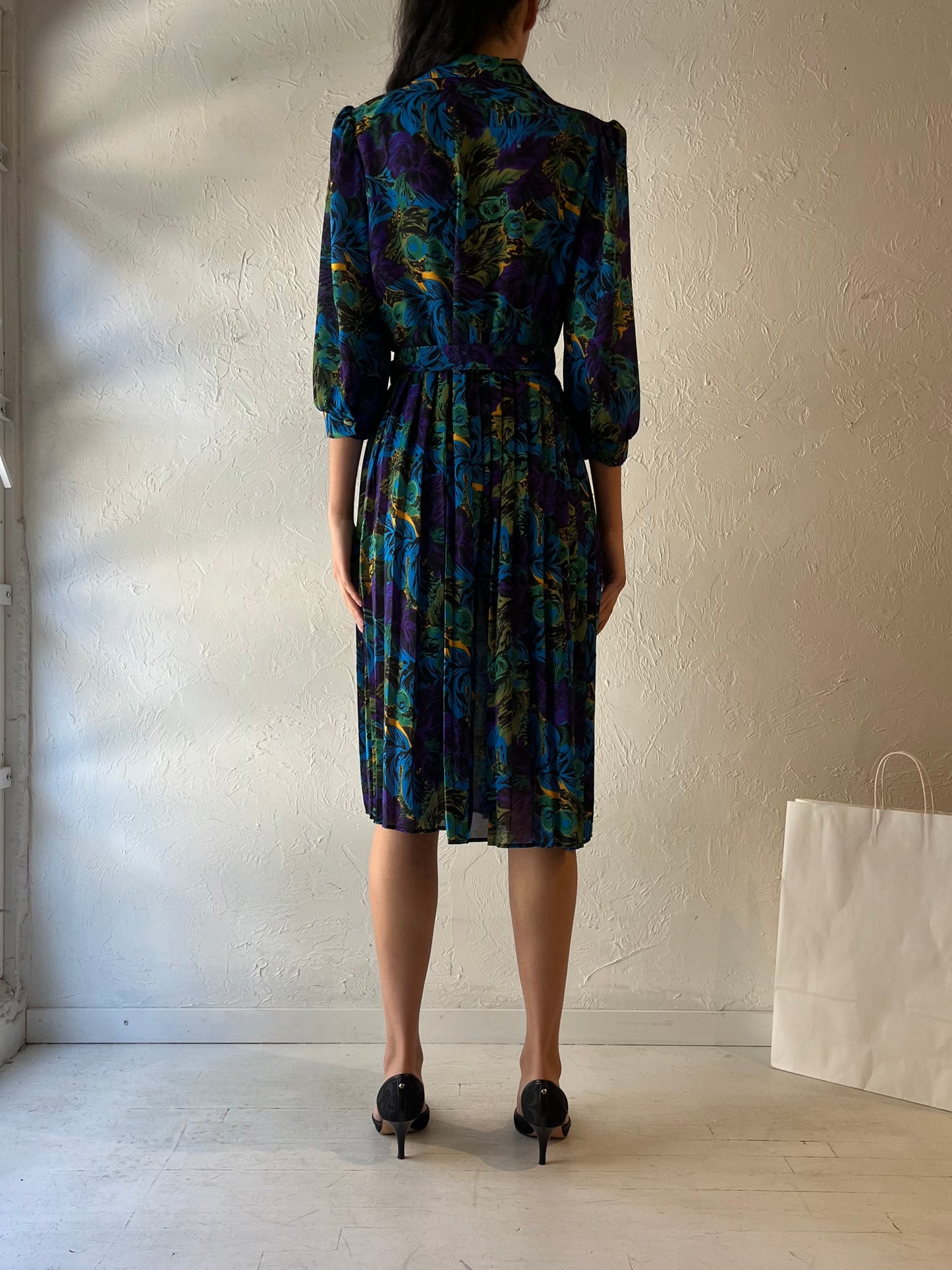 80s ‘Leslie Belle’ Blue Long Sleeve Midi Dress / Medium