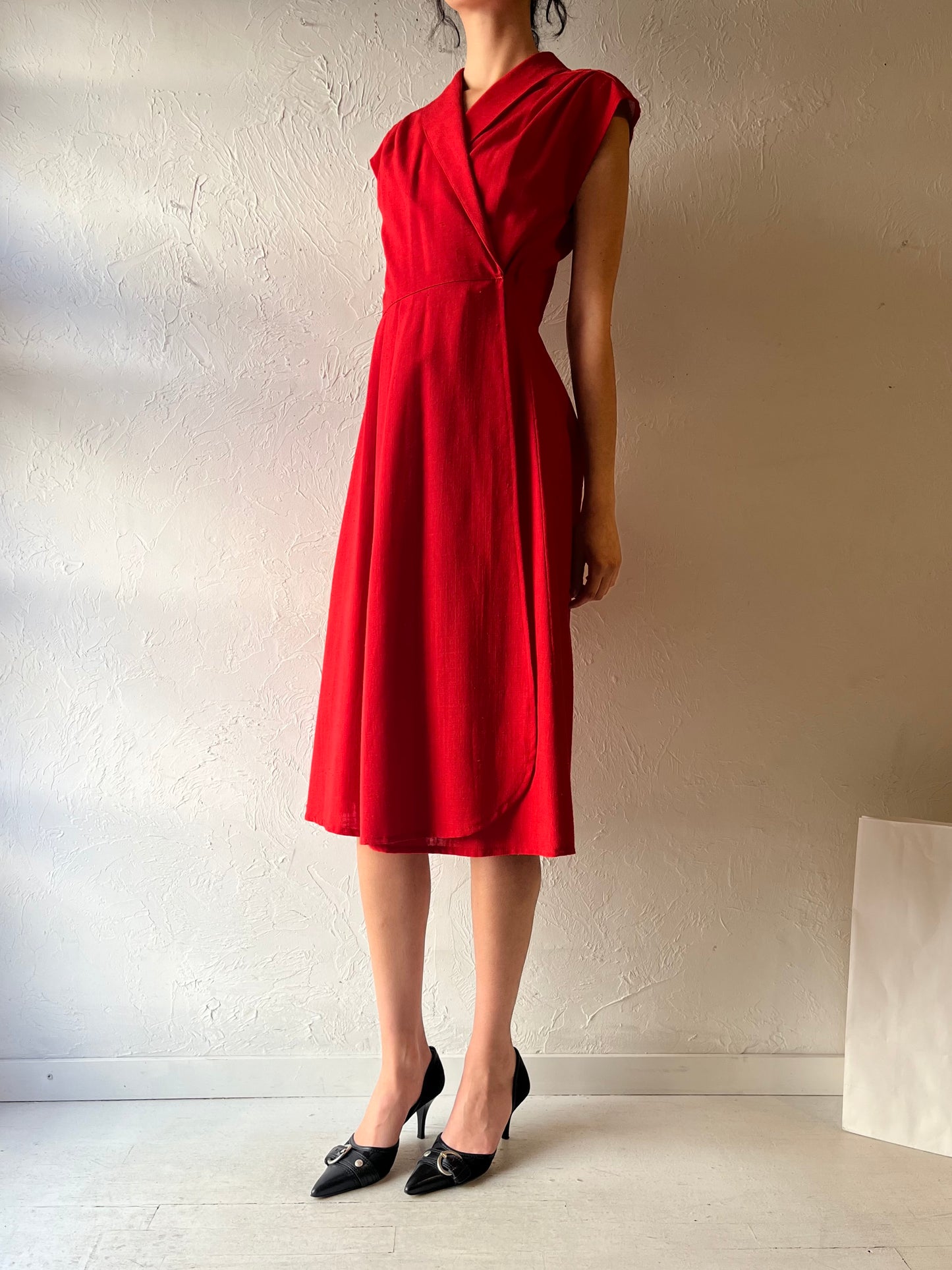 Vintage Handmade Red Midi Wrap Dress / Small