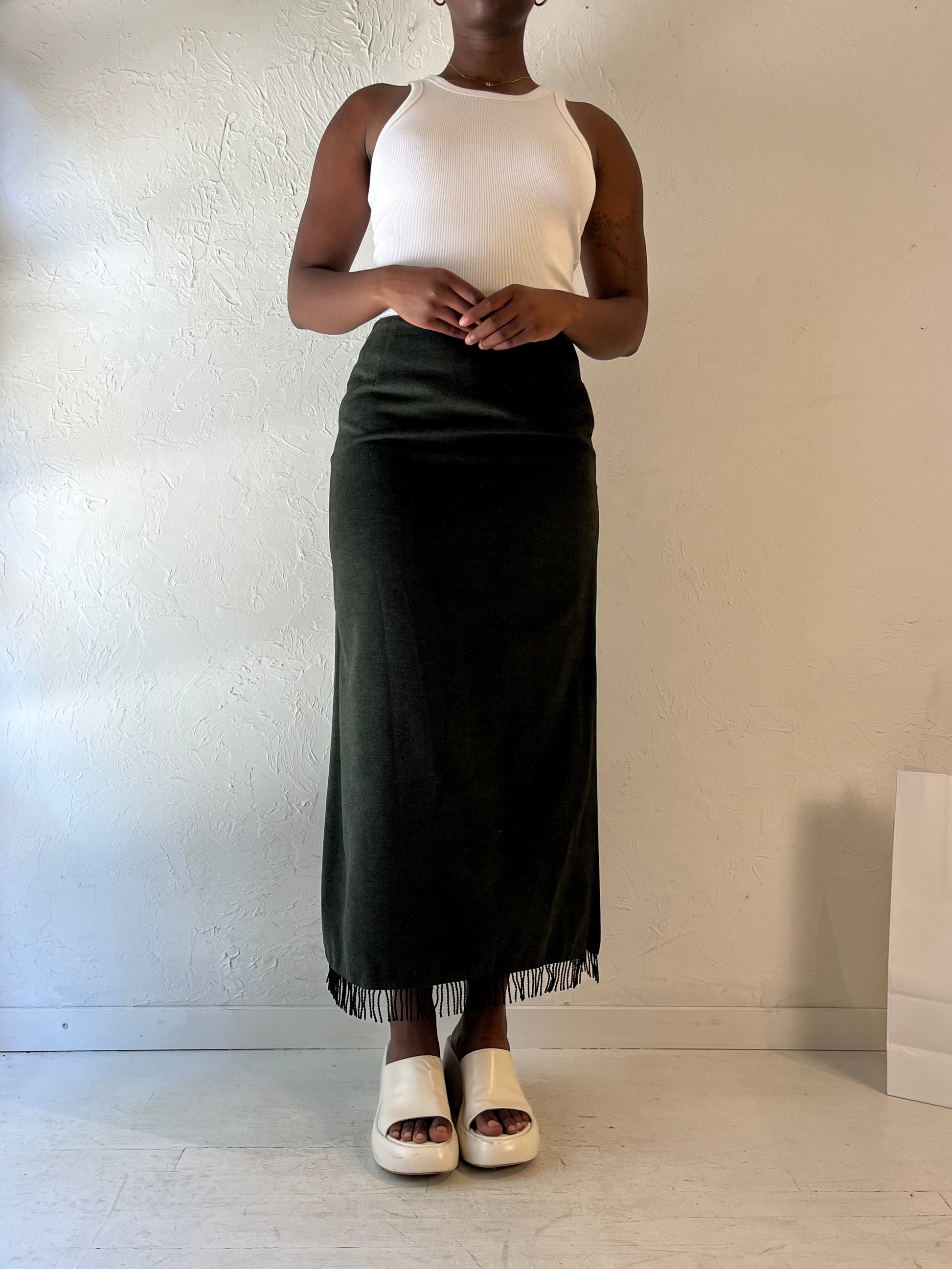 90s 'Dalia' Dark Green Micro Suede Maxi Skirt / Medium