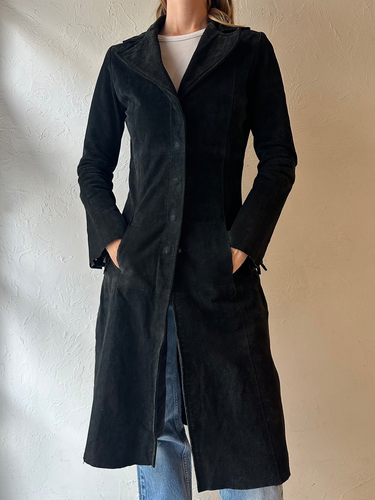 'La Mode Super' Black Suede Trench Coat / Small