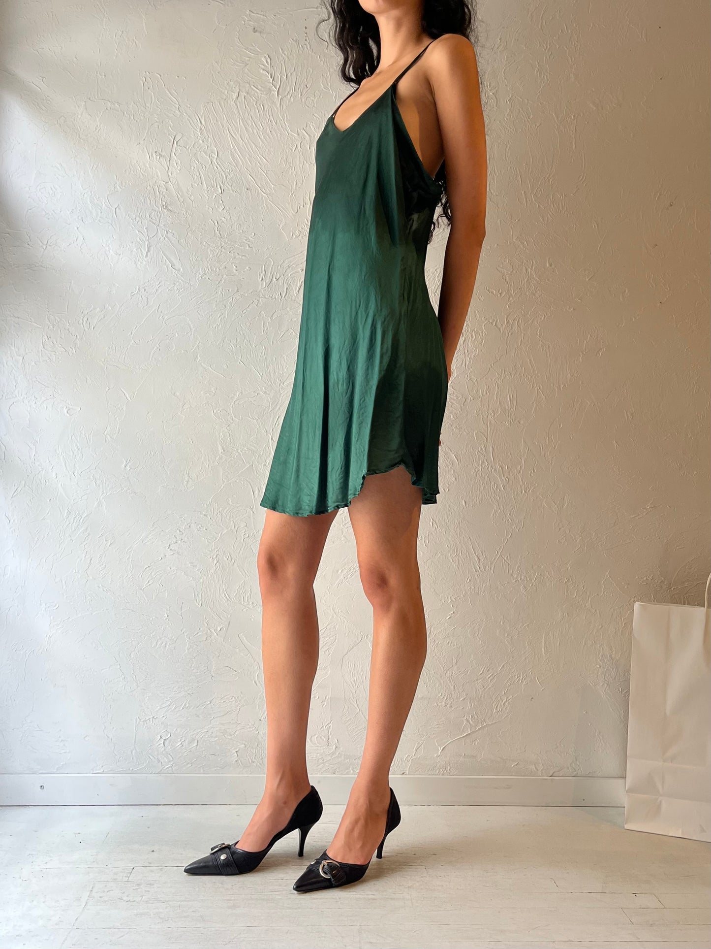 90s ‘Silk & Satin’ Green Silk Slip Dress / XL